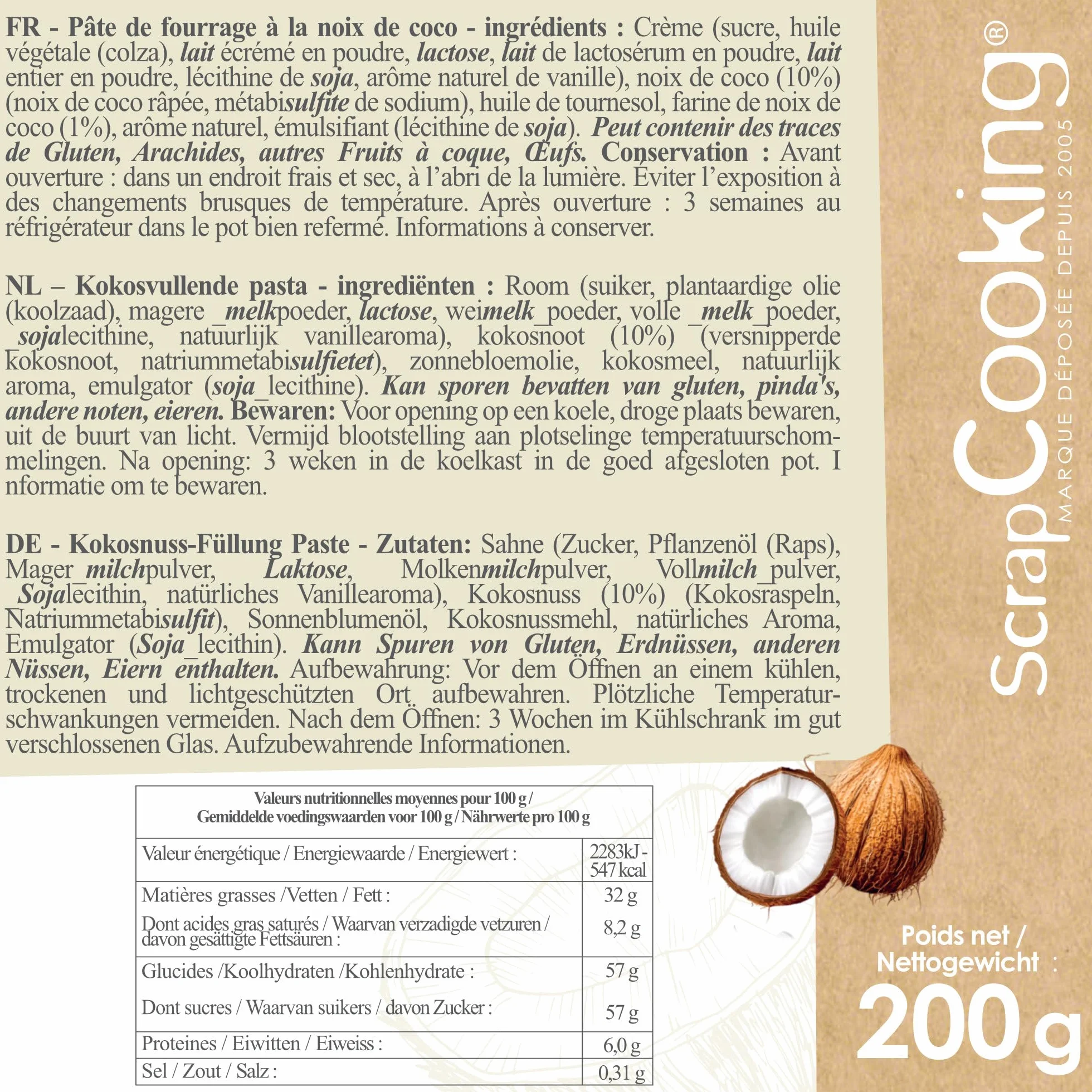 ScrapCooking - Pâte de Fourrage Crémeux Coco 200 g - Pour Fourrer Tablettes, Éclairs, Choux, Rochers, Macarons, Gâteaux, Bûches de Noël & Cookies - Noix de Coco - Pâtisserie - 4635