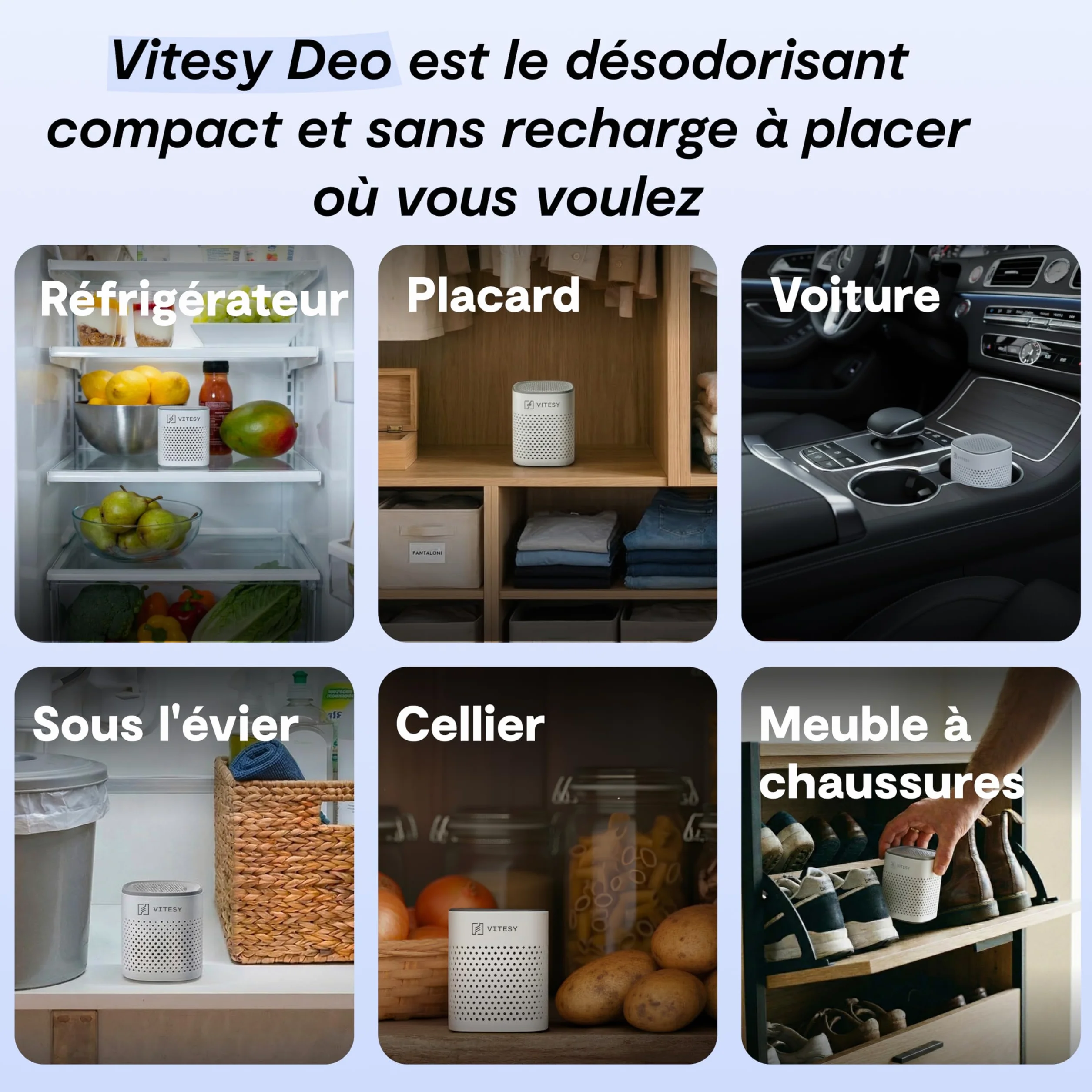 Vitesy Deo Absorbeur d'odeurs naturel pour réfrigérateur, voiture, armoire et chaussures | Élimine les odeurs sans recharge, réutilisable pendant 10 ans | Compact et portable