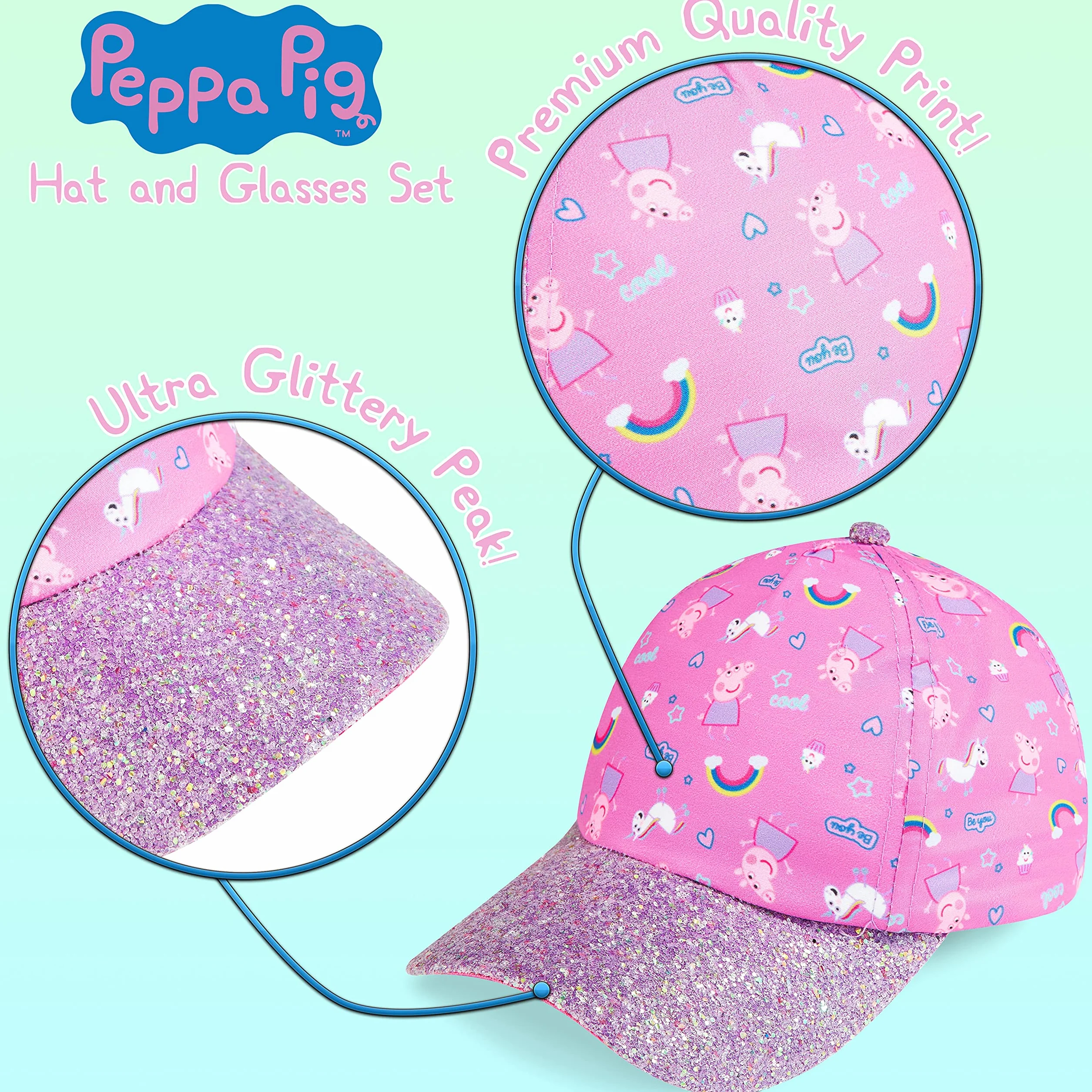 Peppa Pig Casquette Enfant Fille Lunettes de Soleil UV400 Baseball Brillante Accessoires Été