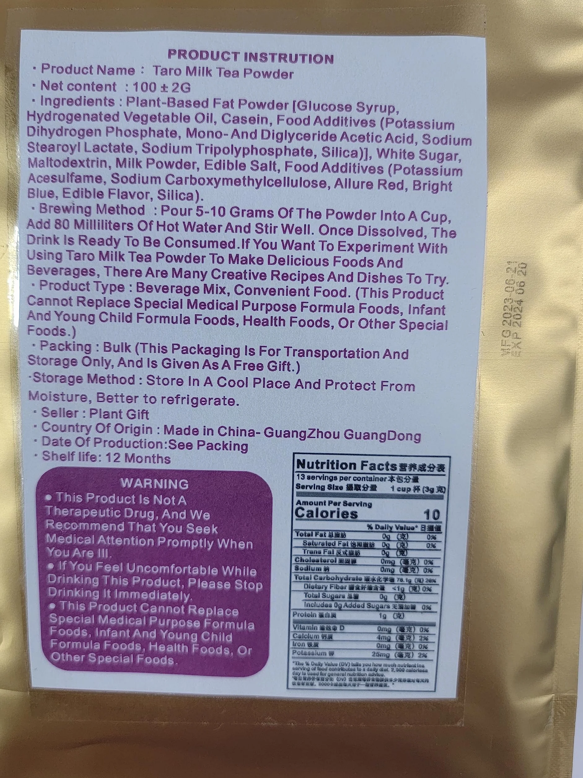 Plant Gift Taro Milk Tea Powder Natural Taro Milk Tea Excellente saveur de farine, boissons, smoothies, yaourt, torréfaction, biscuits, gâteaux et boissons, 100 g / 3,25 oz