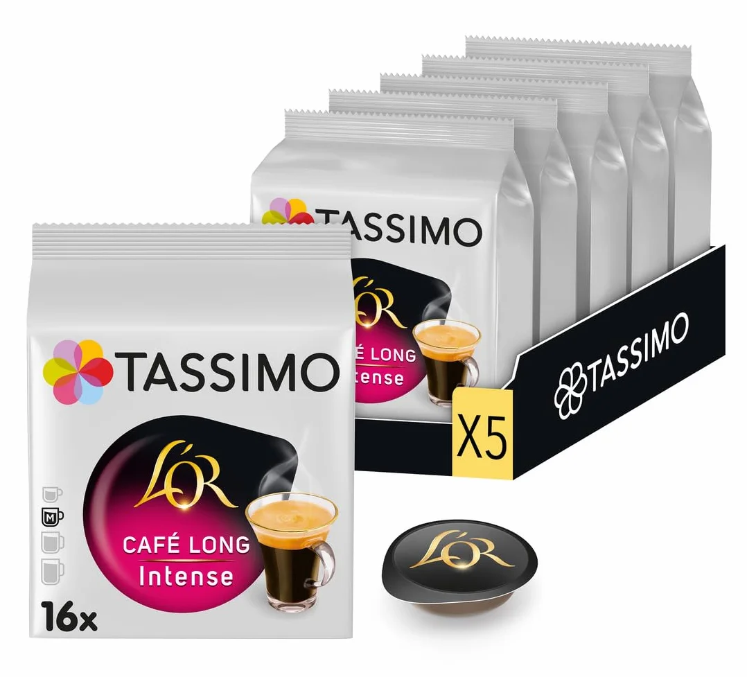 Tassimo, 80 Dosettes Café Long Intense L'OR, Compatibles avec les machines TASSIMO, 80 Cafés, Intense et Corsé, 5 packs de 16 dosettes