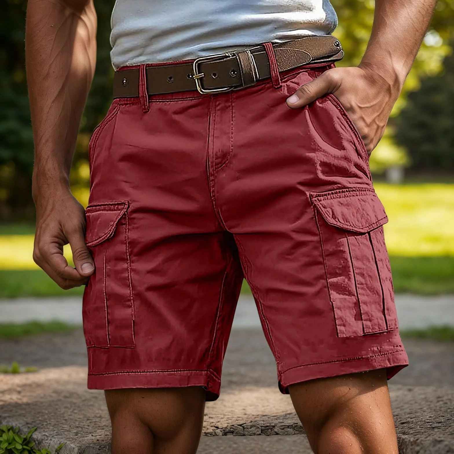 Bermuda Cargo Homme Coupe Ample Poches Latérales Fermeture Bouton Passants Ceinture