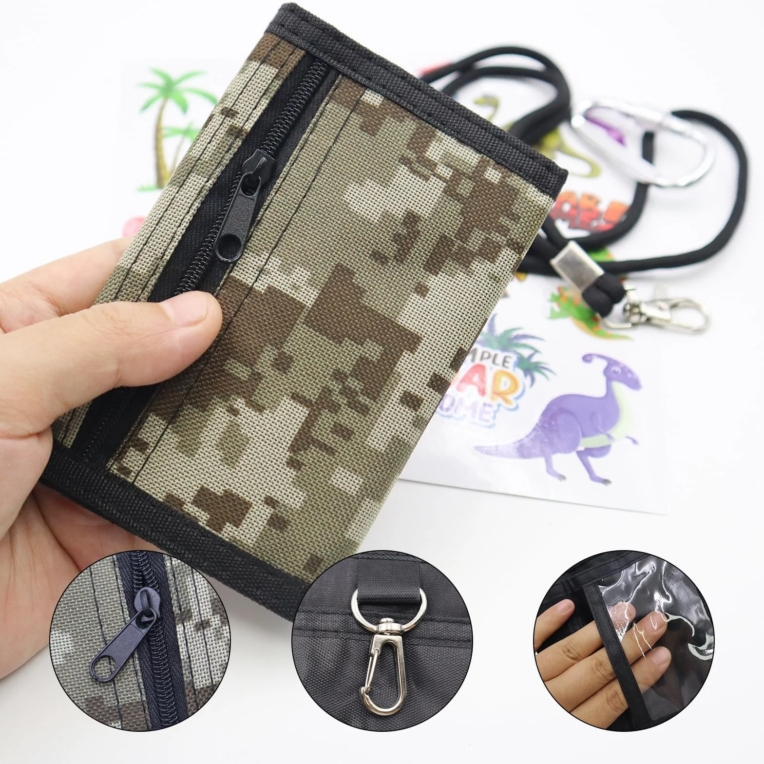 Portefeuille Tri-Pli Camouflage pour Enfant et Adolescent, Polyester, 7 Compartiments, Marron Clair