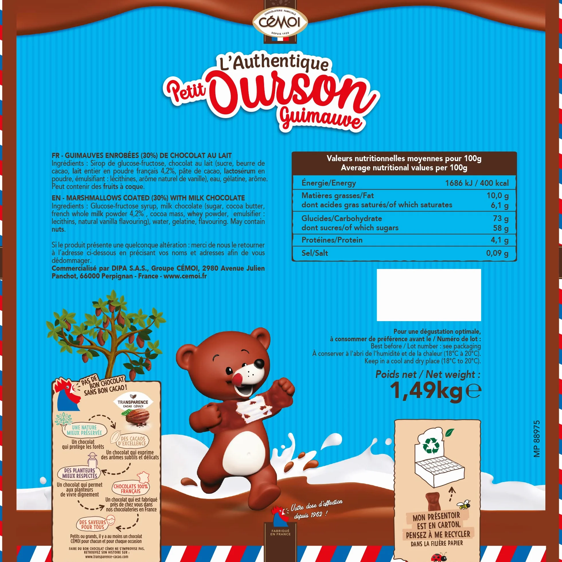 Cémoi - Présentoir L’Authentique Petit Ourson Guimauve, Chocolat au Lait – Fabriqué en France, 160 Pièces (1.49 kg)