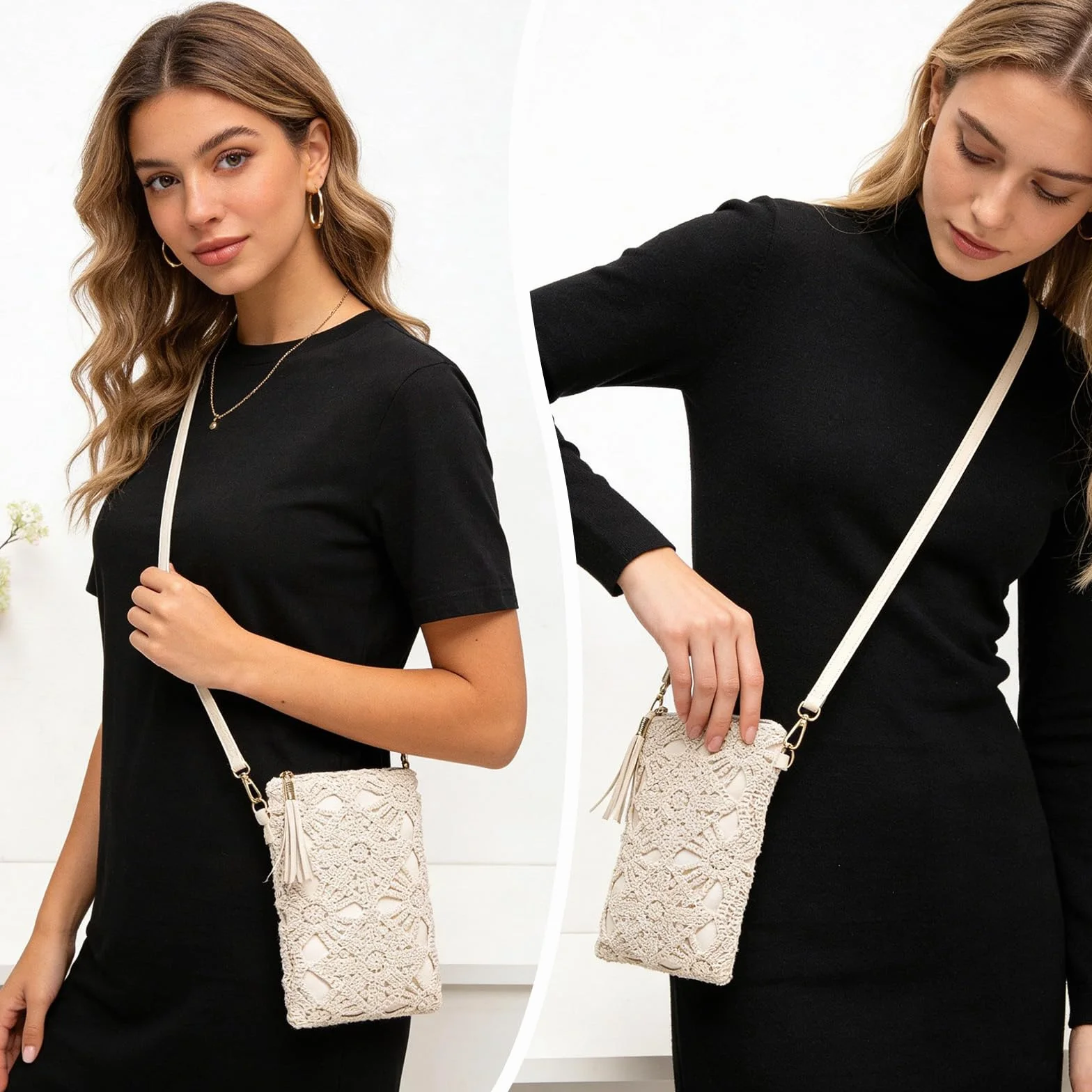 Sac à Main Femme Cuir Blanc Fleurs Ajourées Bandoulière Fermeture à Glissière Besace Pochette