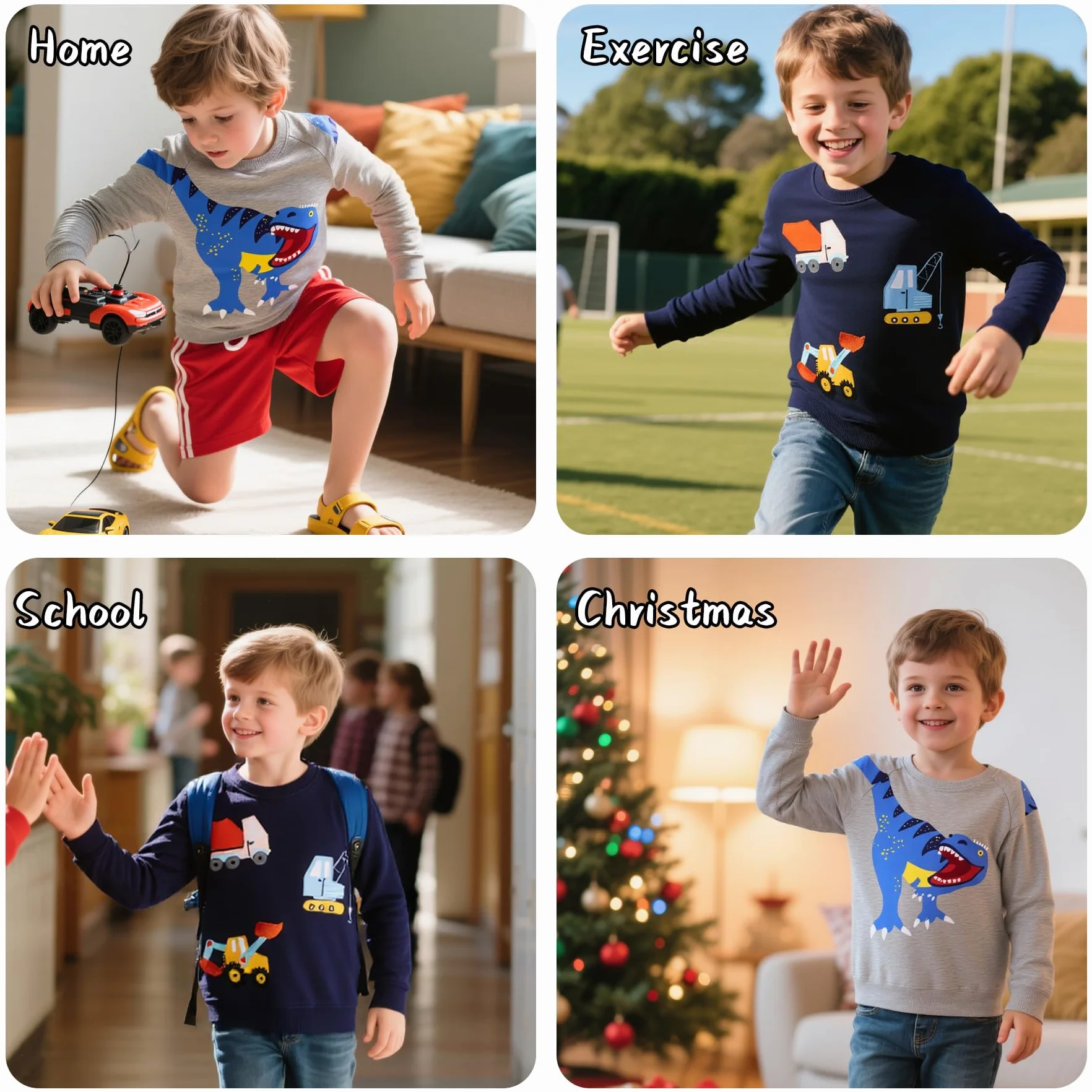 Sweatshirt Garçons Coton Col Rond Dinosaure Excavatrice Imprimé Manches Longues Pull Enfant 2-7 Ans