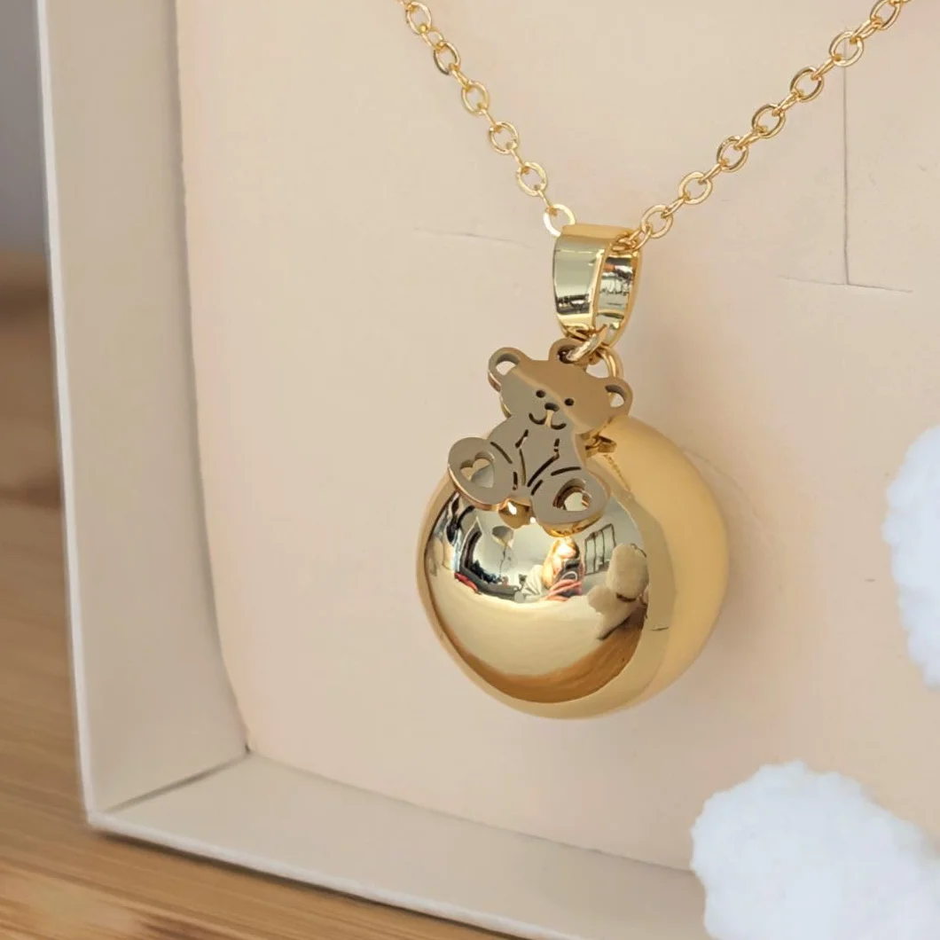 Bola de grossesse ours doré or plaqué chaîne maille forçat 2 mm collier boule sonore 20 mm chaîne 110 cm réglable cadeau femme enceinte