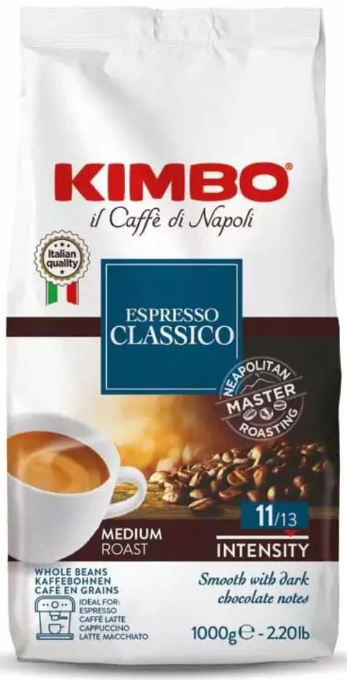 Café en grains Kimbo Espresso Classico, torréfaction moyenne, sachet de 1 kg