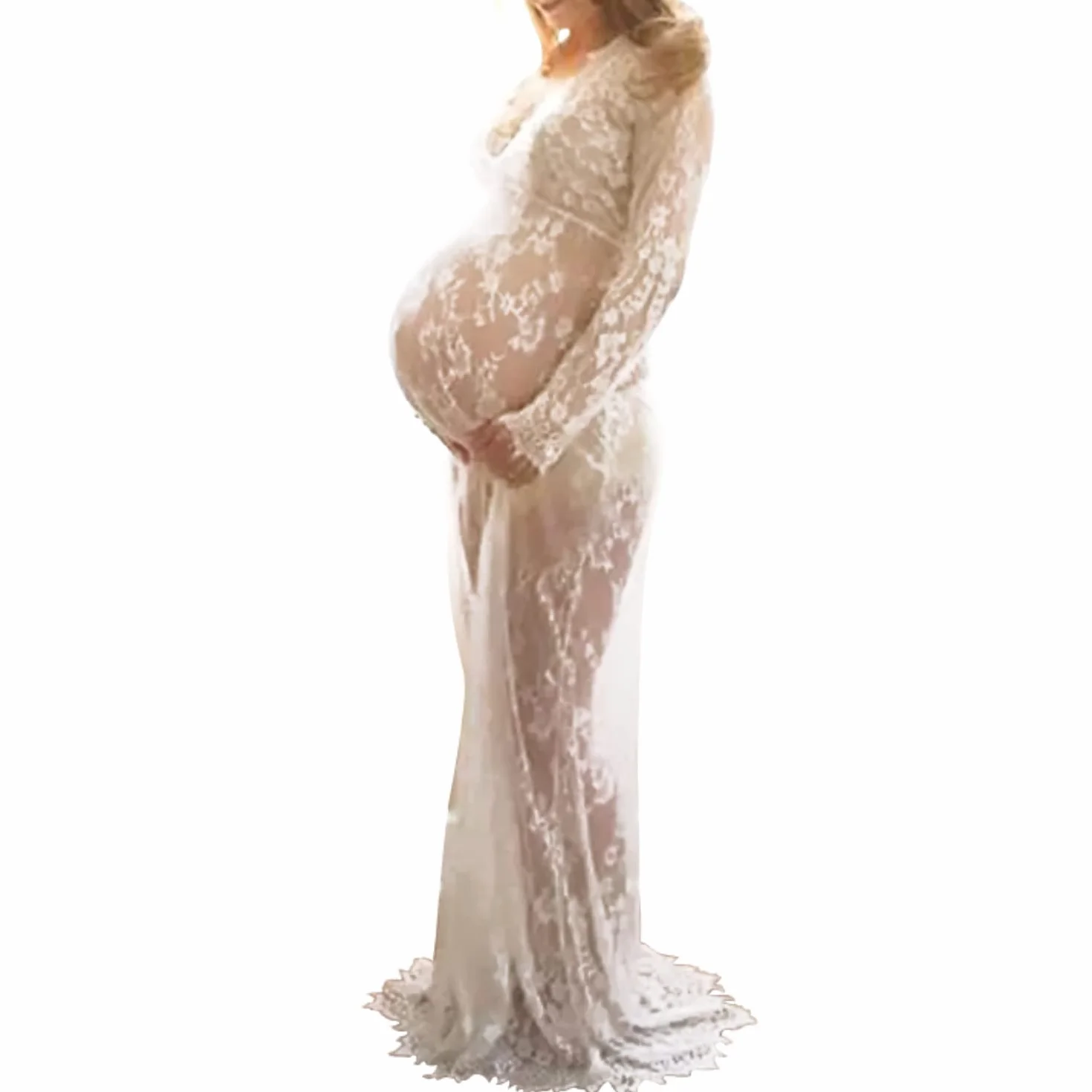 Robe Maxi Femme Enceinte Dentelle Col-V Manche Longue Photographie