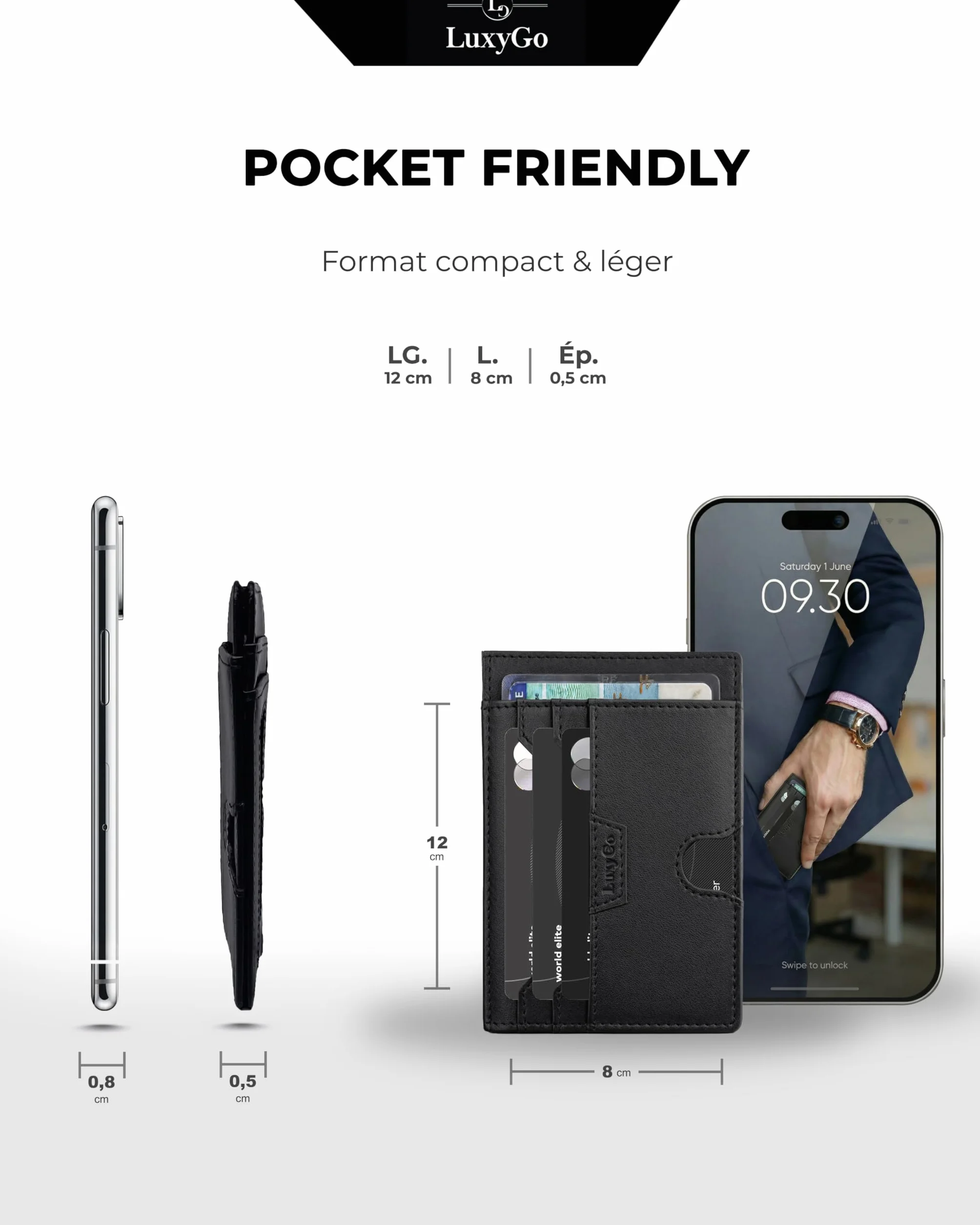 LuxyGo Porte-Cartes Cuir Véritable RFID NFC Anti-Piratage Portefeuille Slim 9 Emplacements Fenêtres ID 12x8x0,5 cm Cadeau
