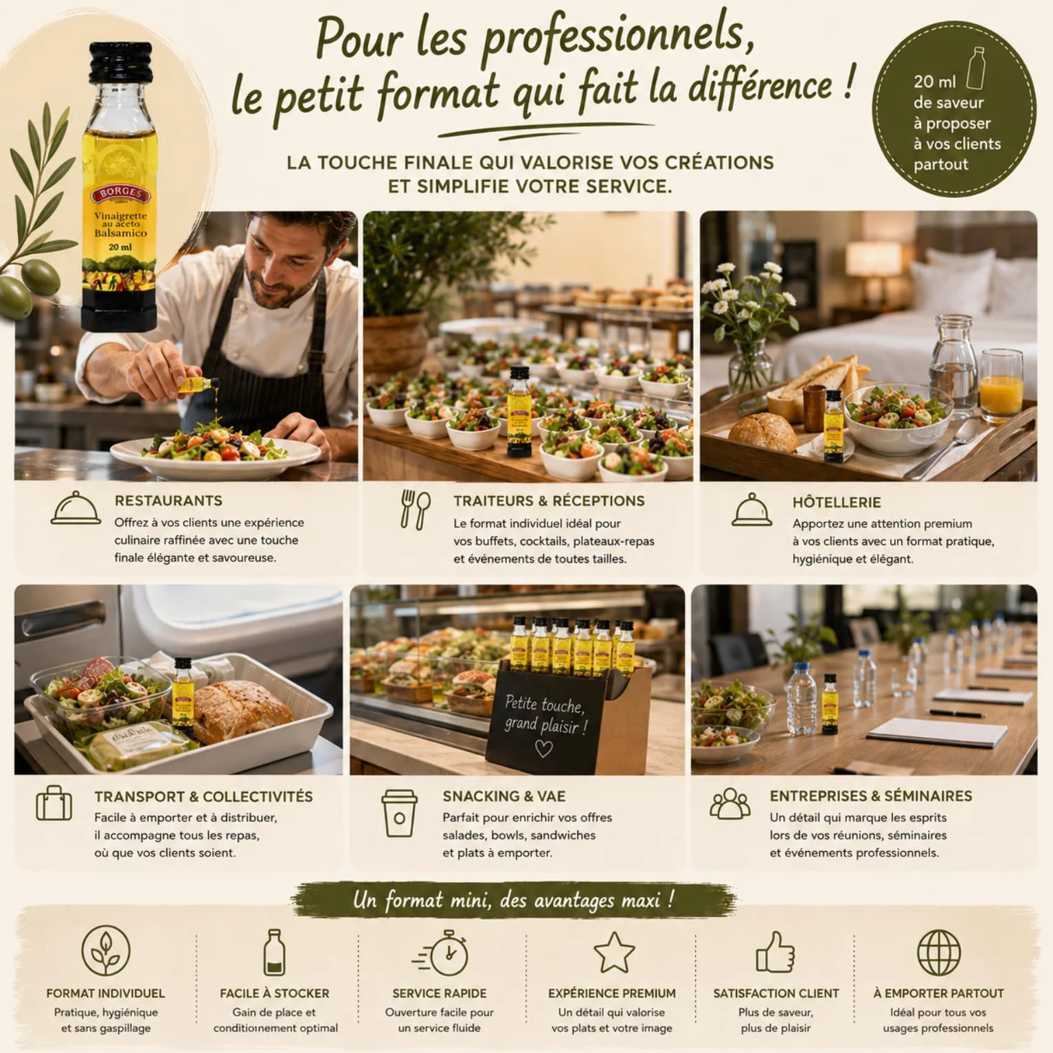 BORGES | 30 Mignonettes de vinaigrette au vinaigre balsamique | Portions Individuelles de 20 ml refermables et pratique à emporter