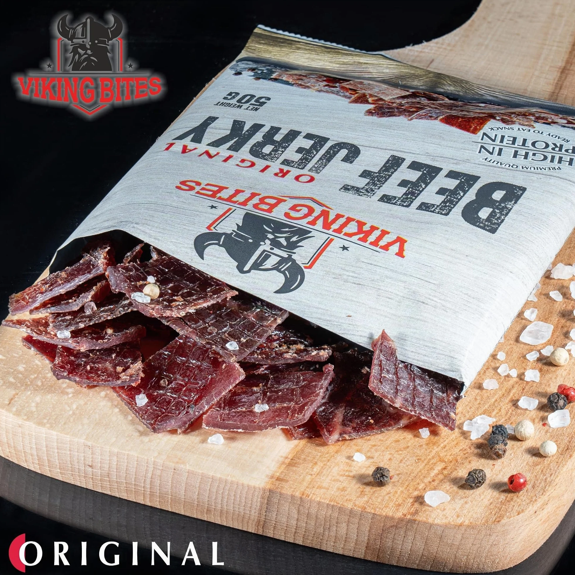 Viking Bites Beef Jerky Original 400g (8 x 50 g) - Bœuf séché - En-cas à base de viande riche en protéines