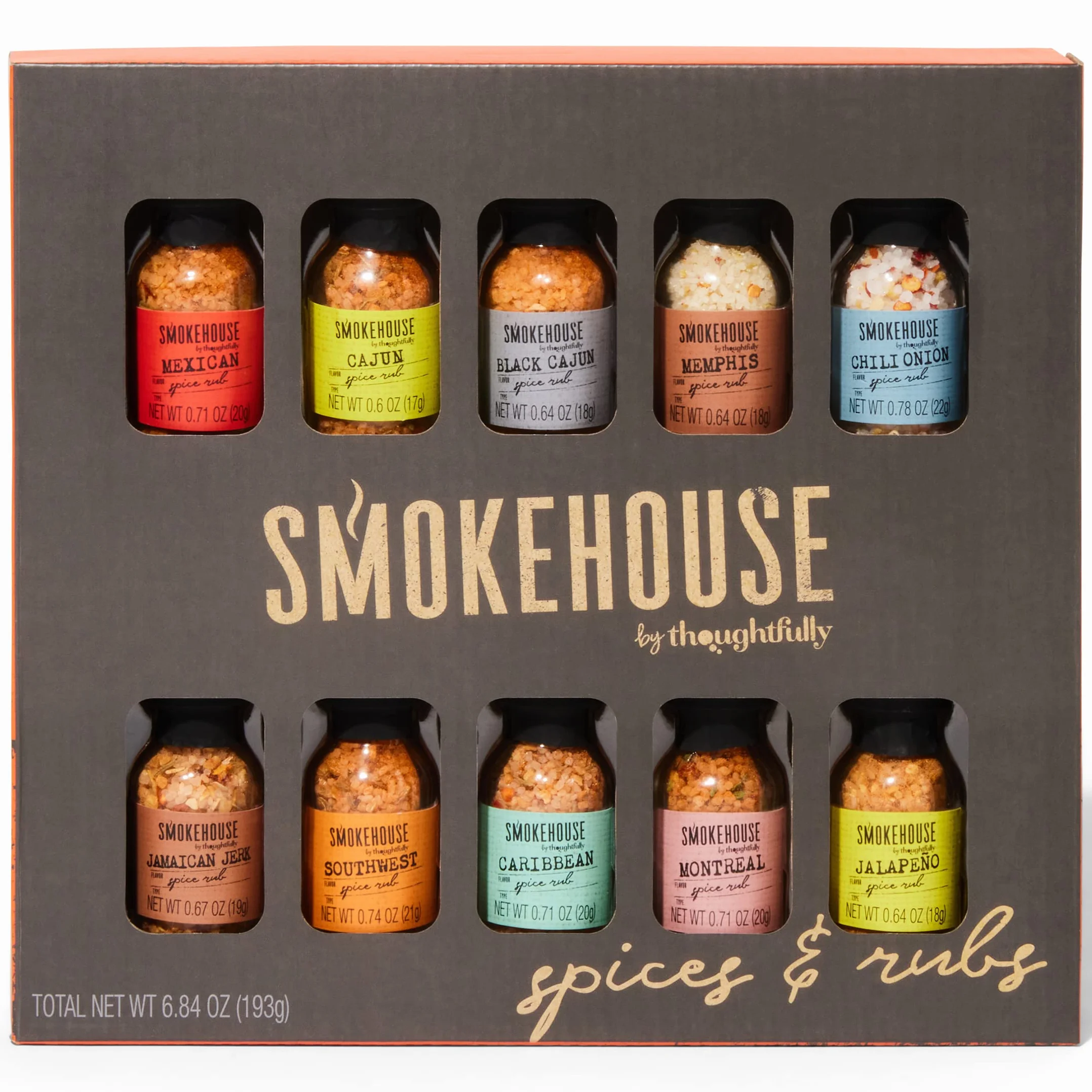 Smokehouse by Thoughtfully, Set d'épices gourmet pour grillades en mini bouteilles en verre, végétalien et végétarien, avec des saveurs incluant Caraïbes, Jerk jamaïcain et plus, paquet de 10
