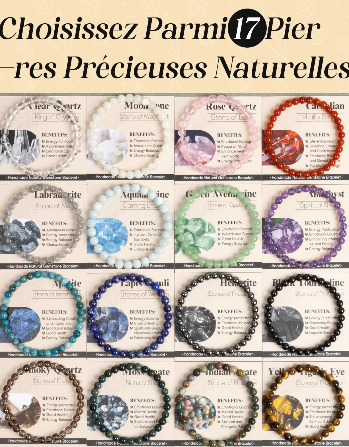Bracelet en Pierres Naturelles 6 mm pour Femme et Homme, Perles Élastiques de Cristal Thérapeutique