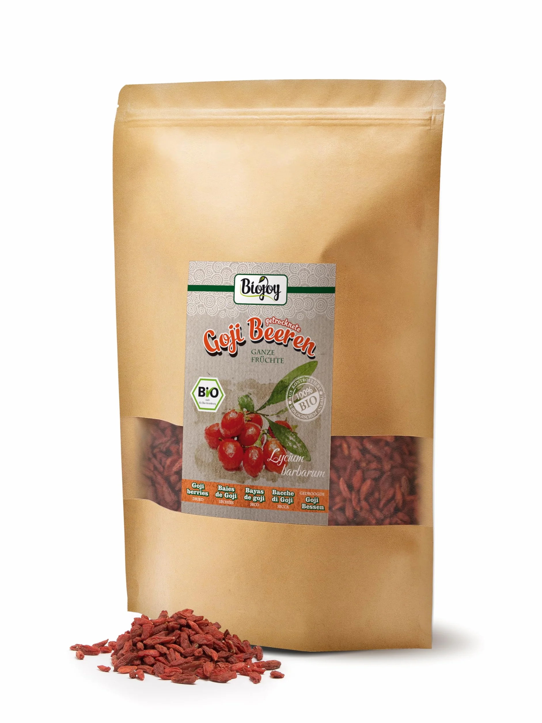 Biojoy Baies de Goji BIO supérieures (1 kg), séchées et entières, sans sucre ajouté