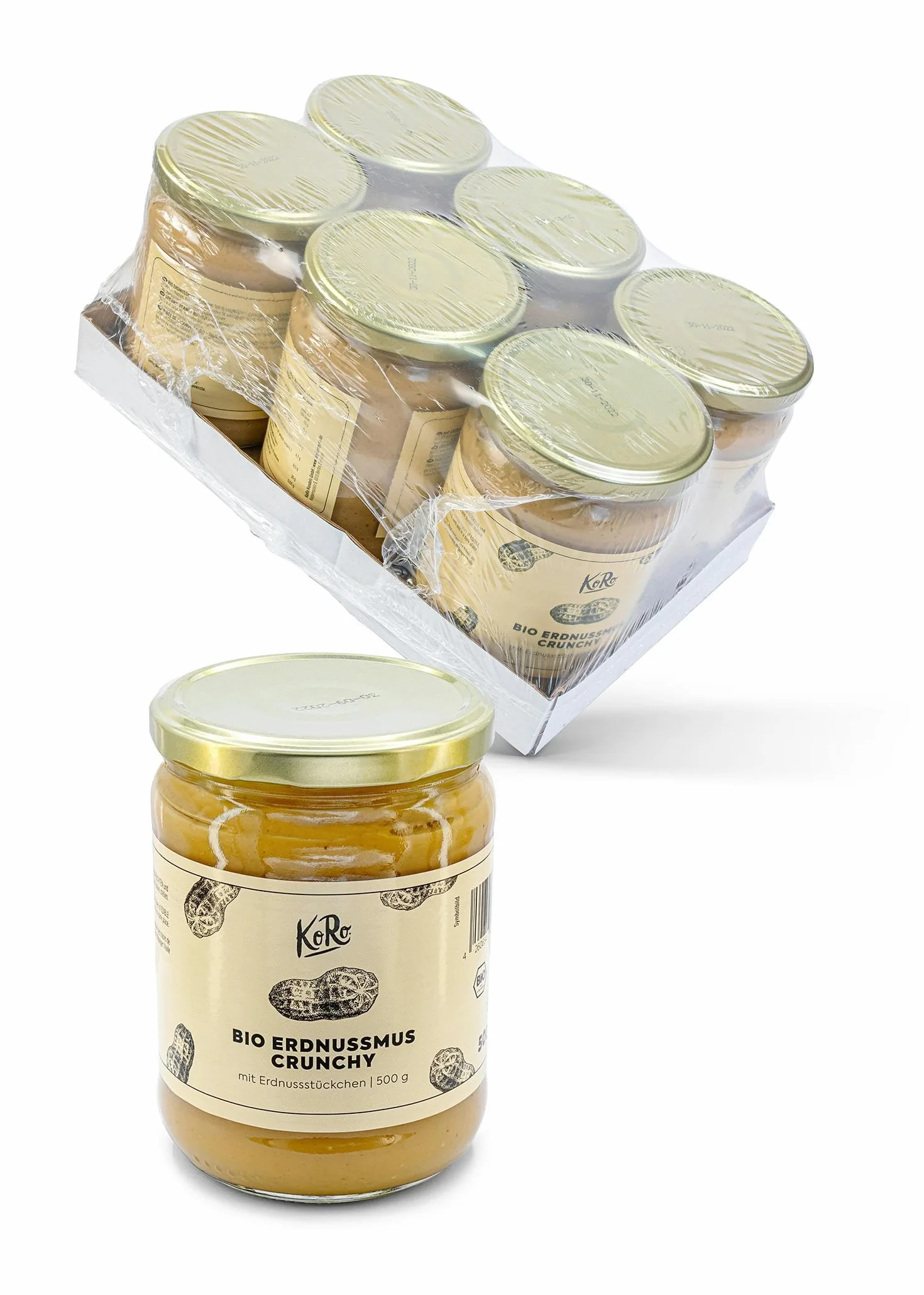 KoRo - Beurre de cacahuètes crunchy bio 6 x 500 g - Purée de cacahuètes 100% naturelle avec morceaux - Riche en protéines et en fibres - Sans sel ni sucre ajouté