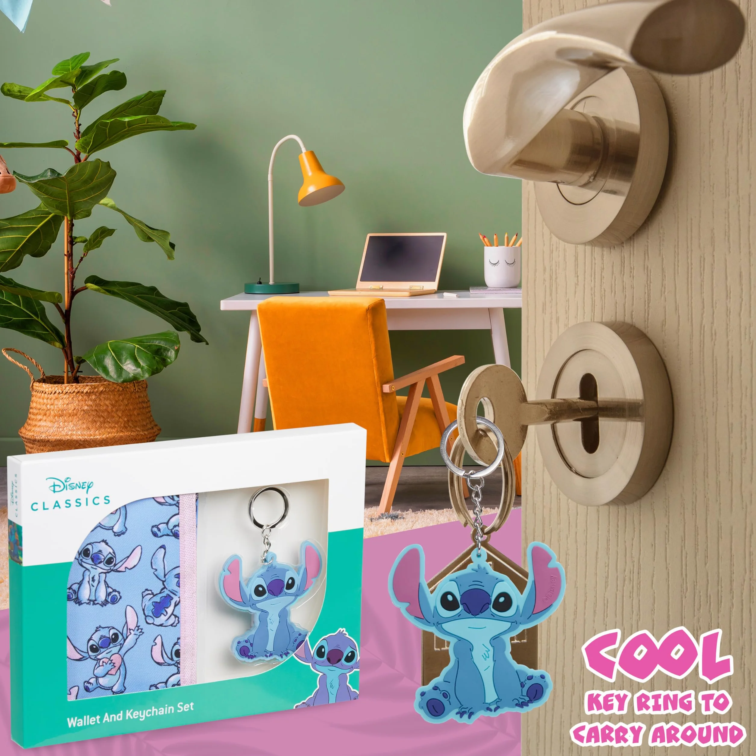 Disney Coffret Cadeau Portefeuille Enfant Porte Clé Stitch Bleu