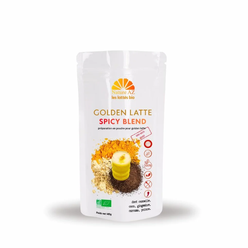 Nature AZ Golden Latte Bio Spicy Blend, Curcuma, Gingembre, Poivre, Cannelle, Sans Sucre Ajouté, IG bas, Sans Maltodextrine, Vegan & 100% Naturel, Sachet 145g env. 30 doses, Fabrication Française