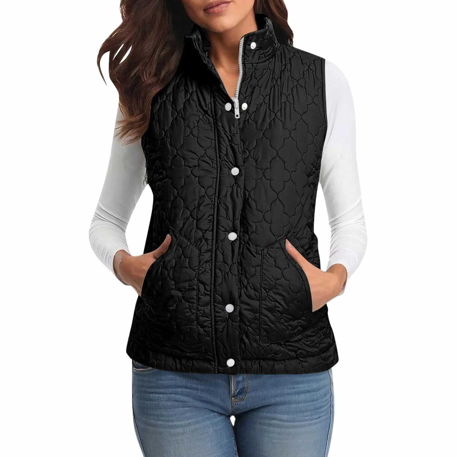 Gilet Doudoune Sans Manches Femme Veste Automne Hiver Zippé Boutonné Poche