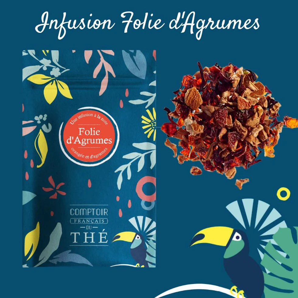 2x100g d'Infusion Orange Agrumes - Folie D'Agrumes COMPTOIR FRANÇAIS DU THÉ | Arômes d'orange et d'agrumes - Délicieuse chaude ou glacée - Infusion en vrac, sachet zip refermable - coffret thé à offrir