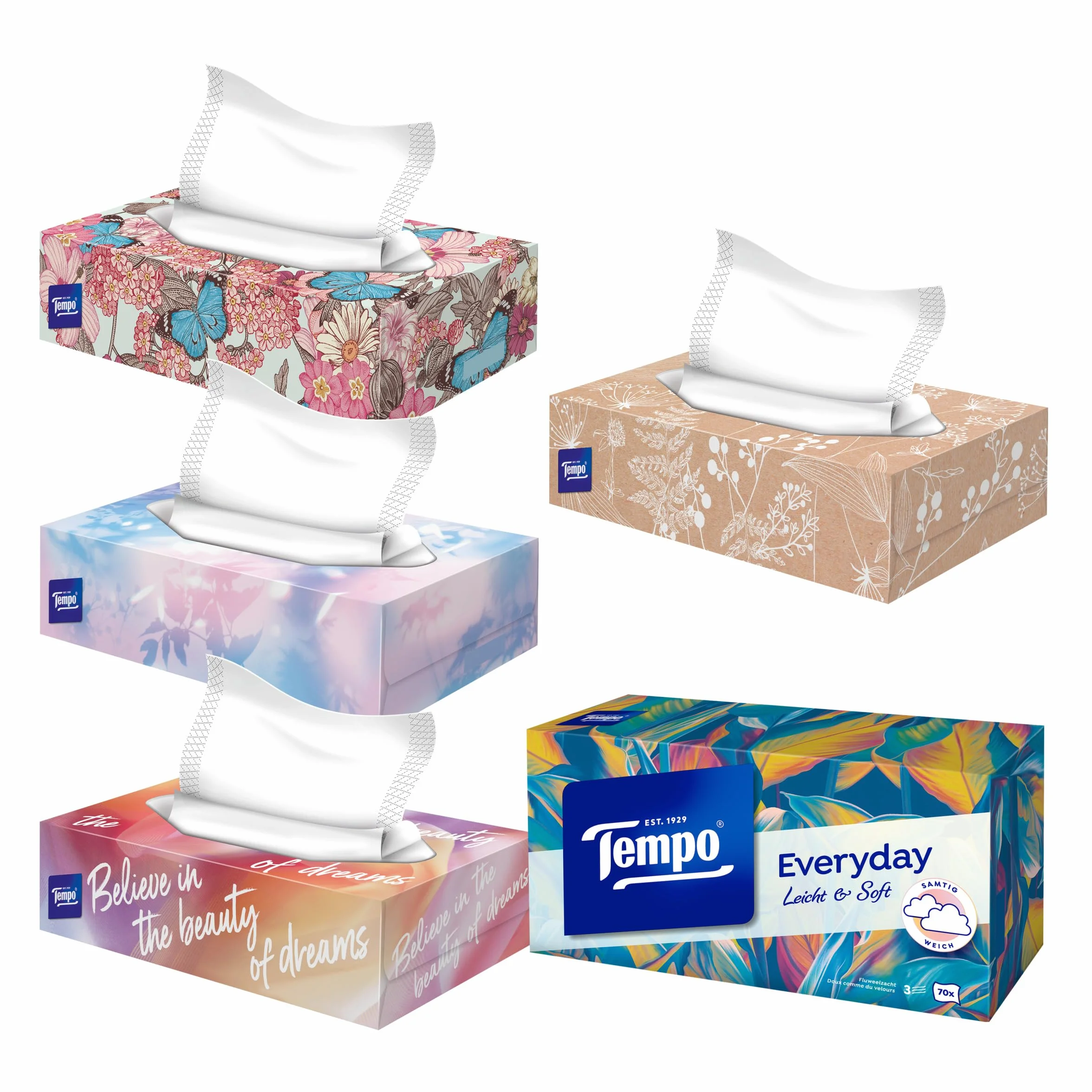 Tempo Light Box Megapack Lot de 14 boîtes de 70 mouchoirs par boîte – Mouchoirs en papier doux, lavables en machine