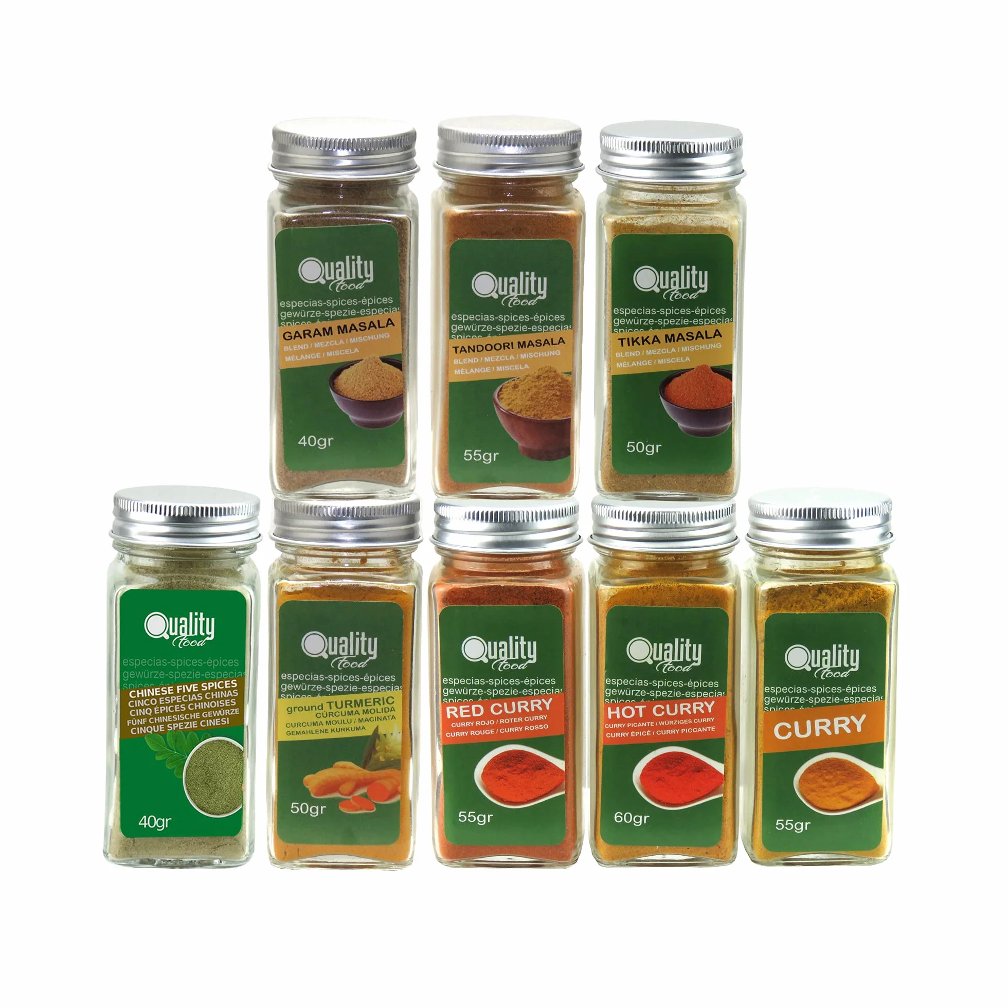 Pack d'épices Masala. Idéal pour cadeaux et l'usage quotidien. 8 bocaux en verre, réutilisables. 5 épices chinoises, Curry doux, piquant et rouge, Garam Masala, Tikka Masala, Tandoori Masala