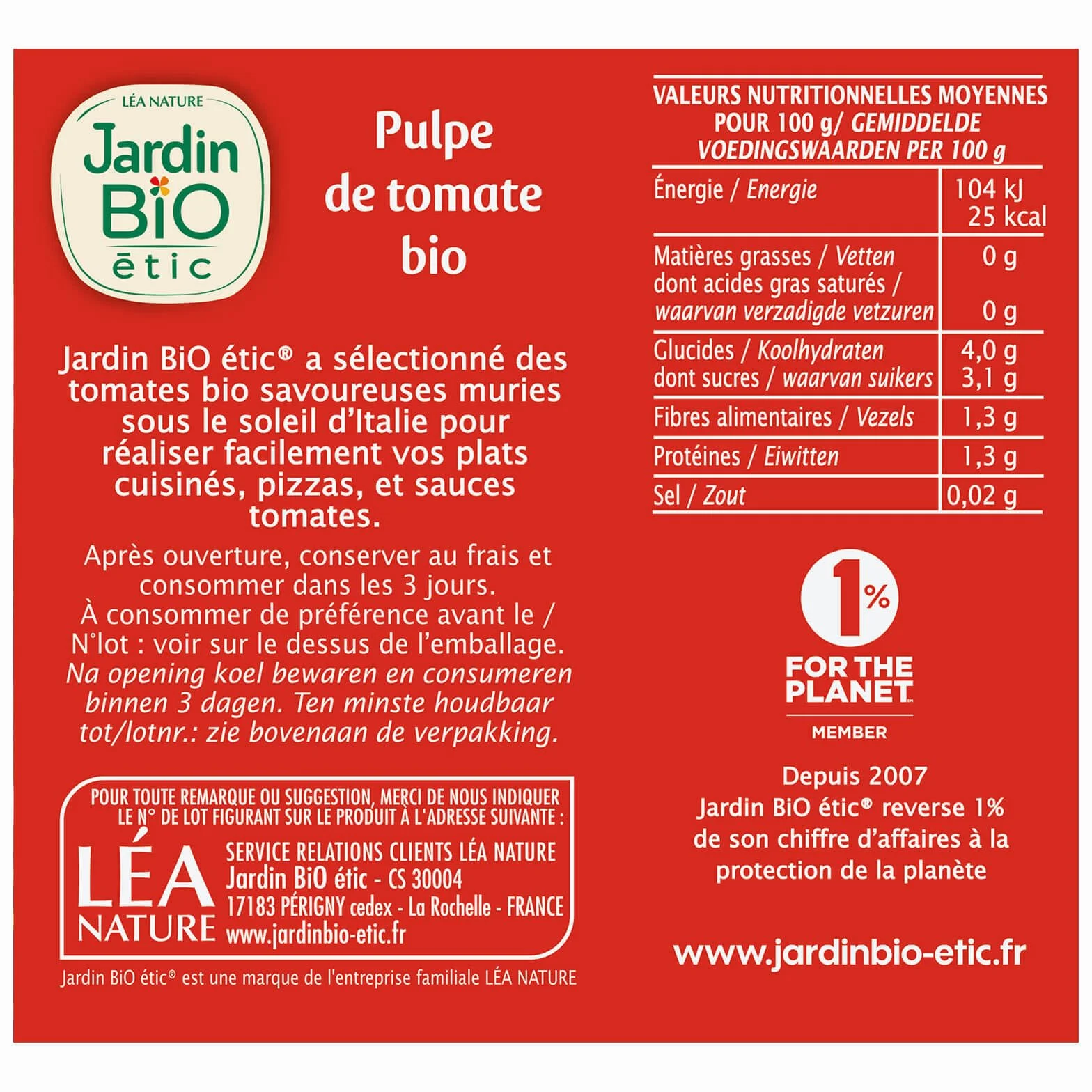Jardin BIO étic - Pulpe de Tomate sans sel ajouté 500g