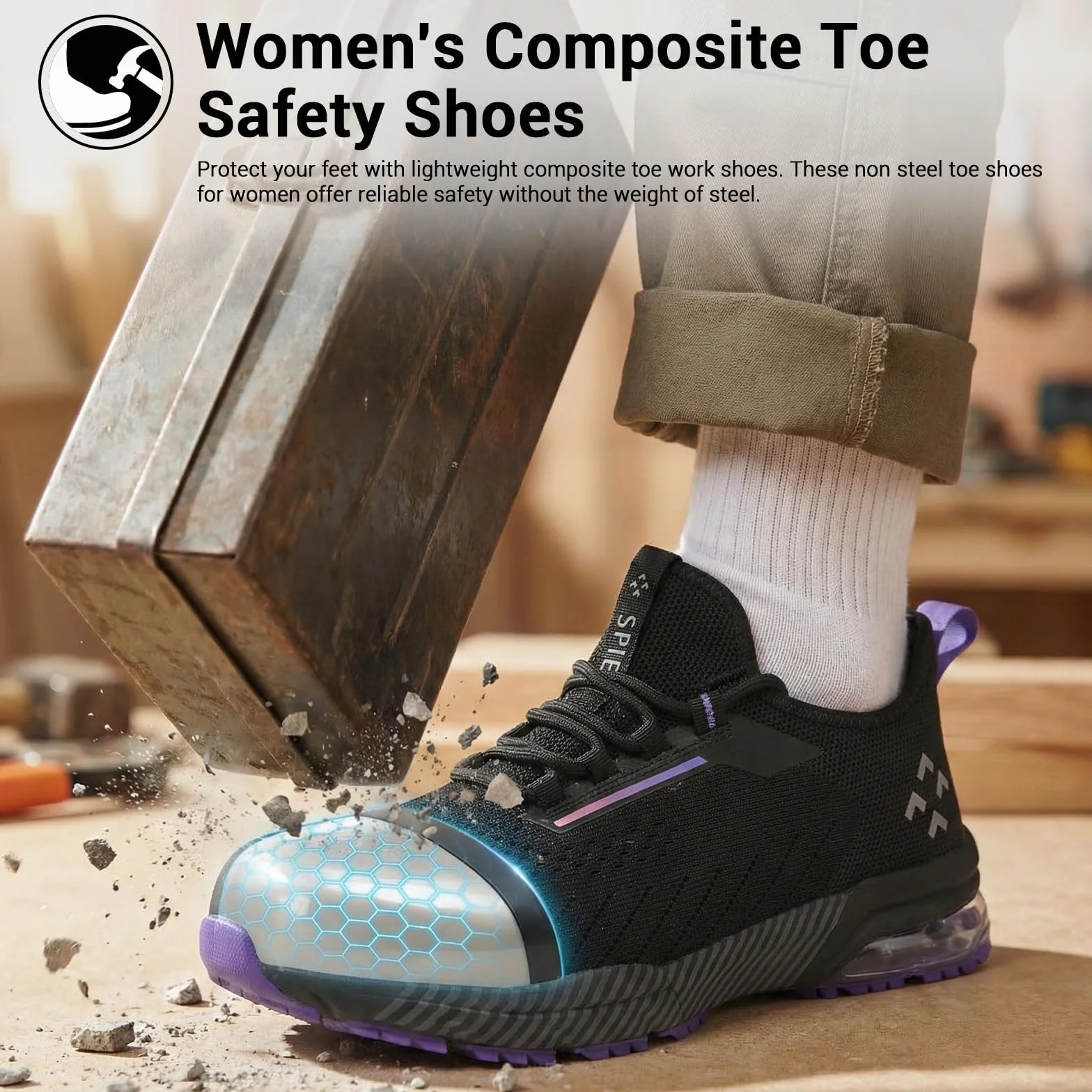 Chaussures Sécurité Femme Air Cushion Escarpins Travail Slip-on Embout Composite Noir-Violet EU 35-41