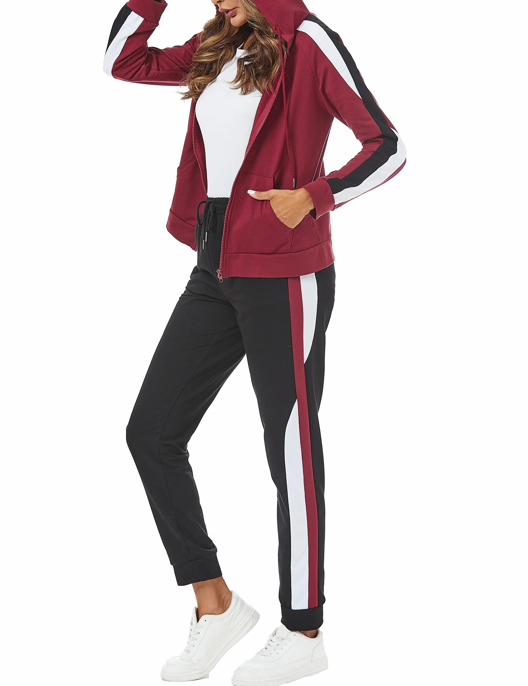 Litherday Survêtement Femme Coton Rayé 2 Pièces Manches Longues Capuche Zippé pour Fitness Jogging