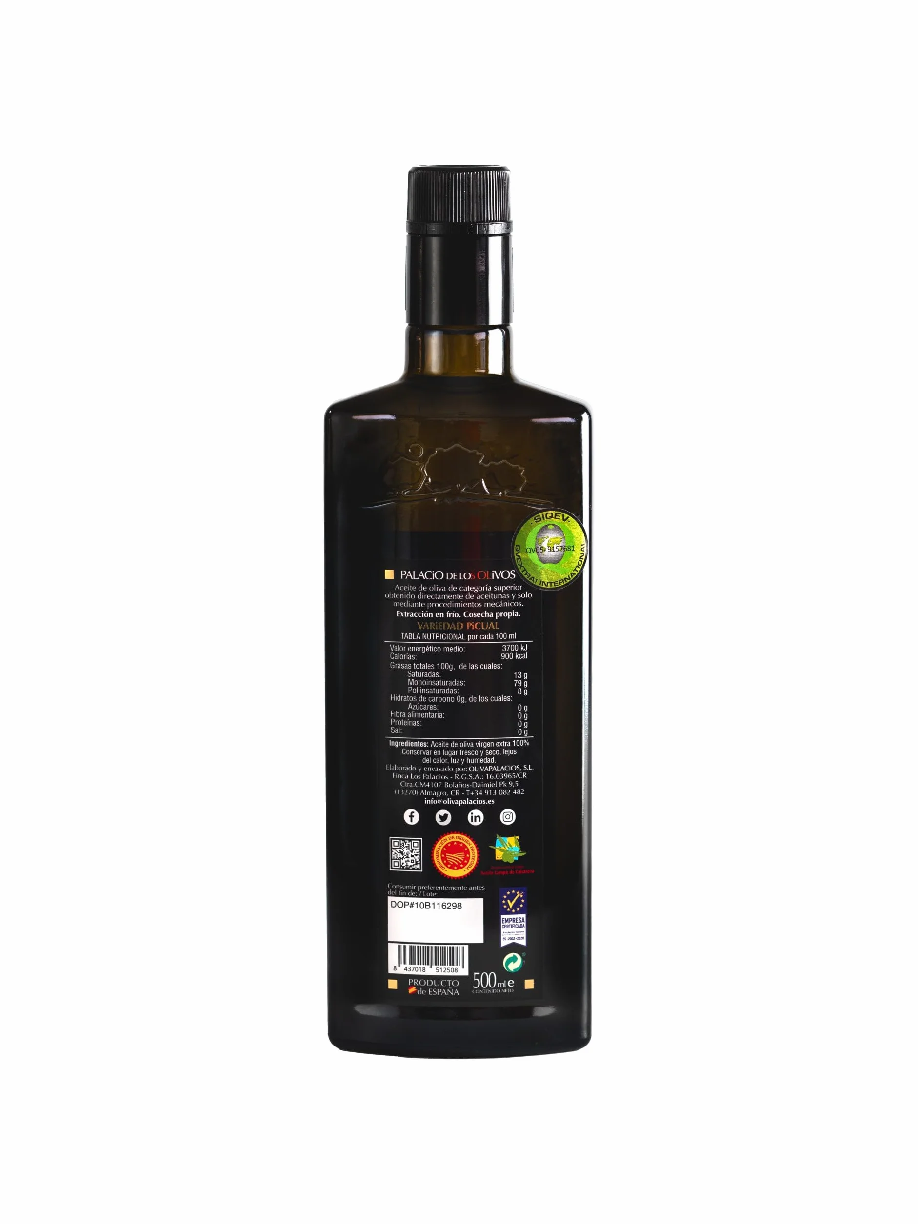 Palacio de los Olivos - Huile d'olive vierge extra Picual Gourmet - Pressée à froid, Récolte précoce - Bouteille 500ml avec étui