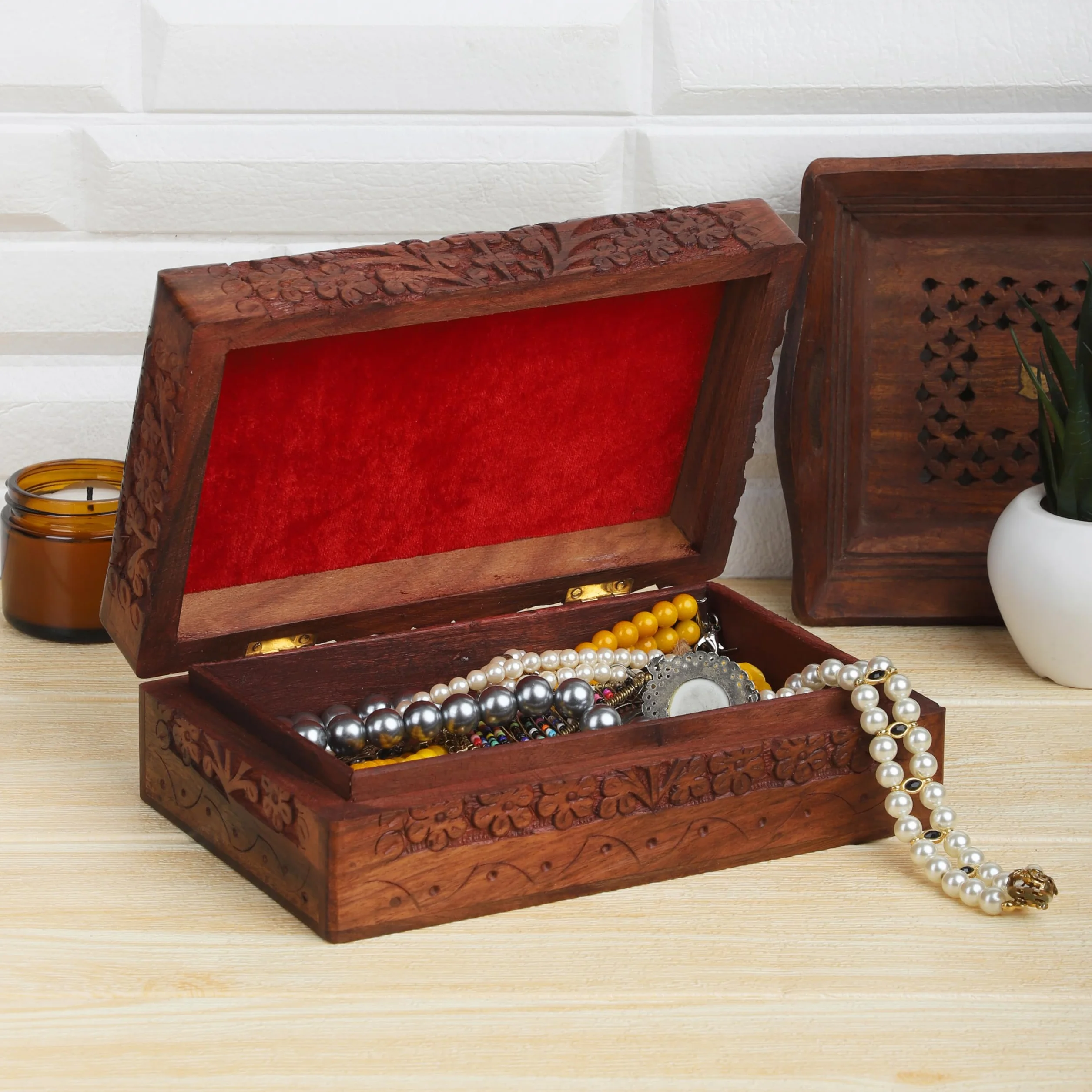 Boîte à Bijoux en Bois Fait Main Arbre de Vie, Coffret Sculpté, Rangement Décoratif 20 x 13 cm