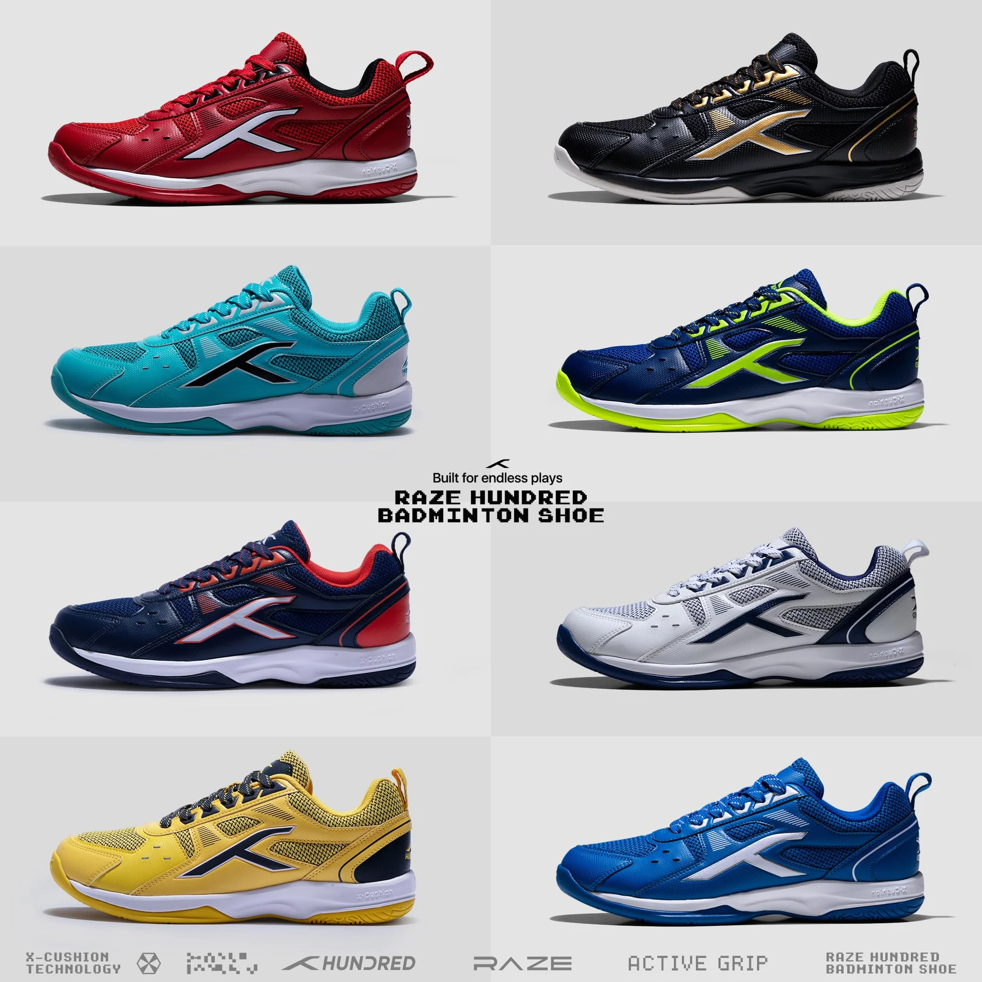 Hundred Raze Non-Marking Badminton Shoes for Men Polyester Upper Rubber Sole Indoor Tennis Squash Padel