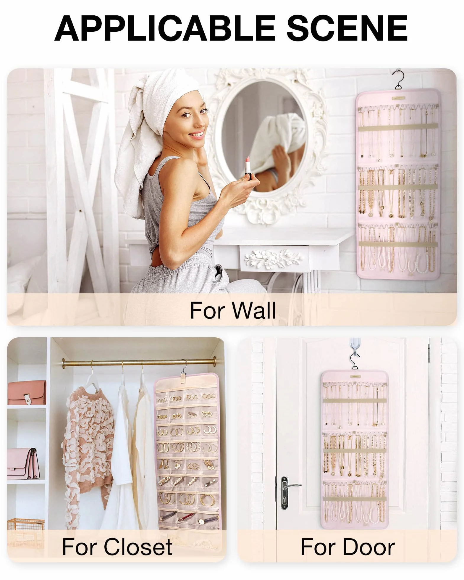 Bagsmart Organisateur de bijoux à suspendre - Rouleau de rangement double face avec crochet en métal - Grand format