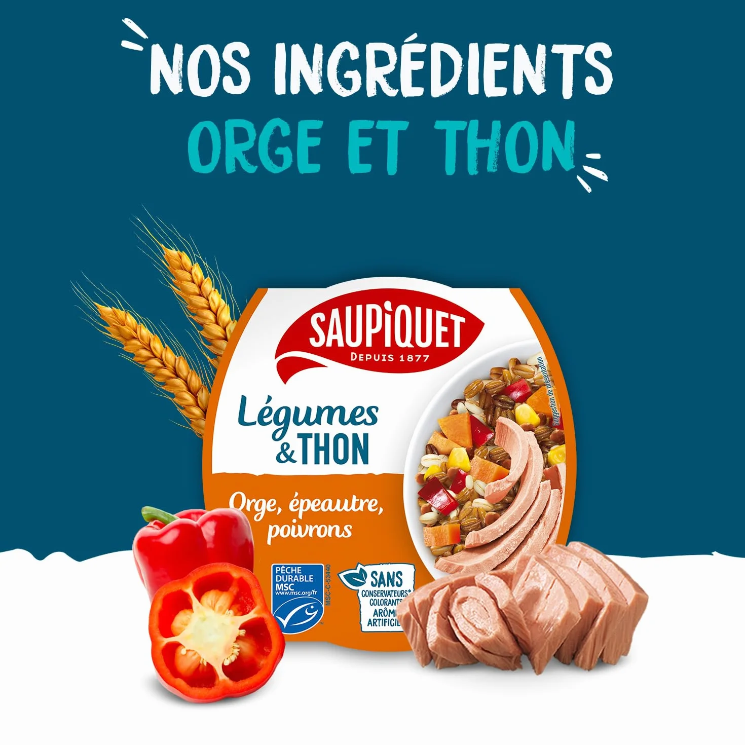 SAUPIQUET - Légumes & Thon - Orge, Epeautre, Poivrons - Salade Prête à Consommer - Température Ambiante - Idéal Pique-Nique - Poisson Issu Pêche Traçabilité Garantie - 9 Conserves (160 g)