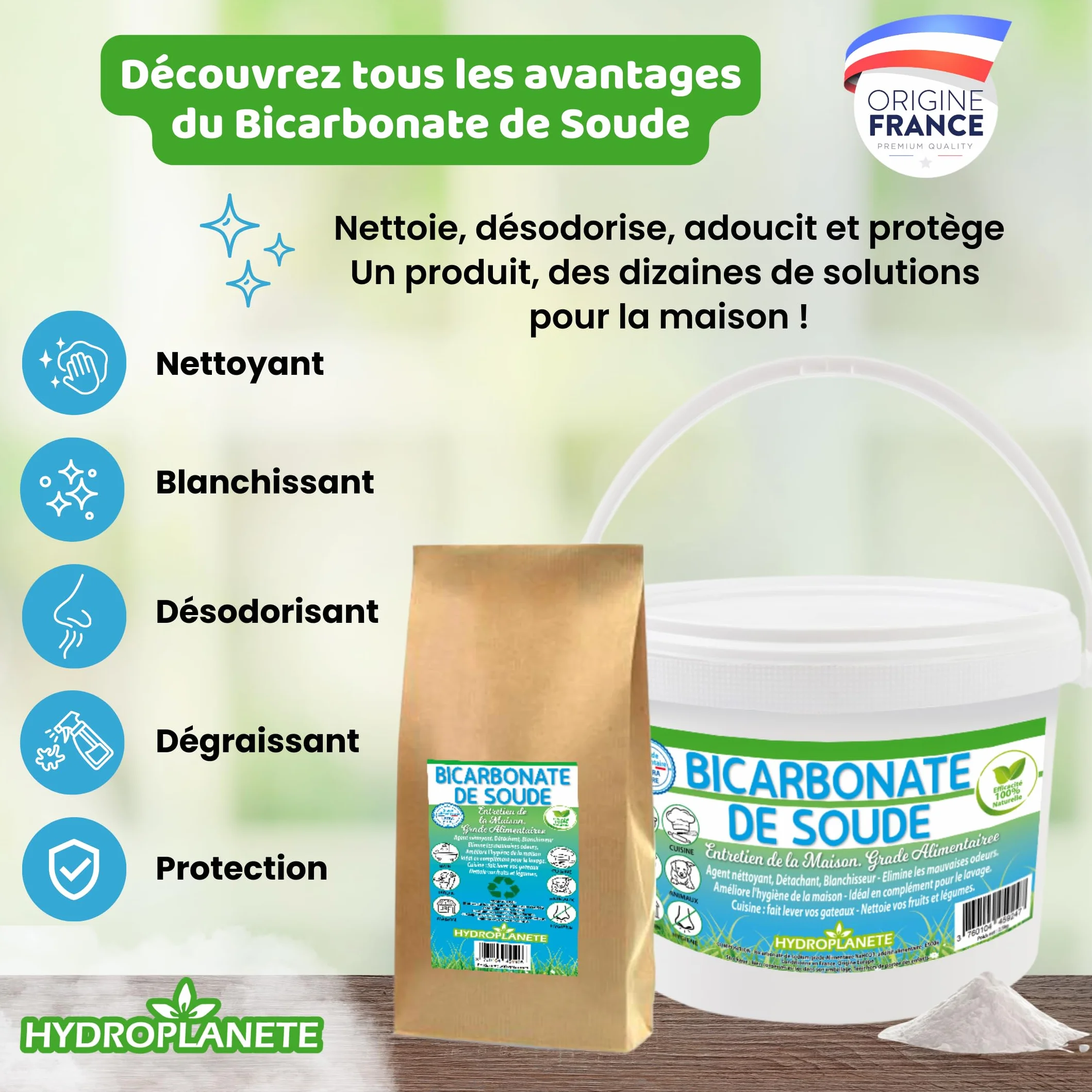 HYDROPLANETE Bicarbonate de Soude Multi-Usages - Poudre Alimentaire et Entretien de la Maison - Sans Additifs et 100% Naturel - Fabriqué en France - Disponible de1kg 2kg 5kg 10kg 20kg