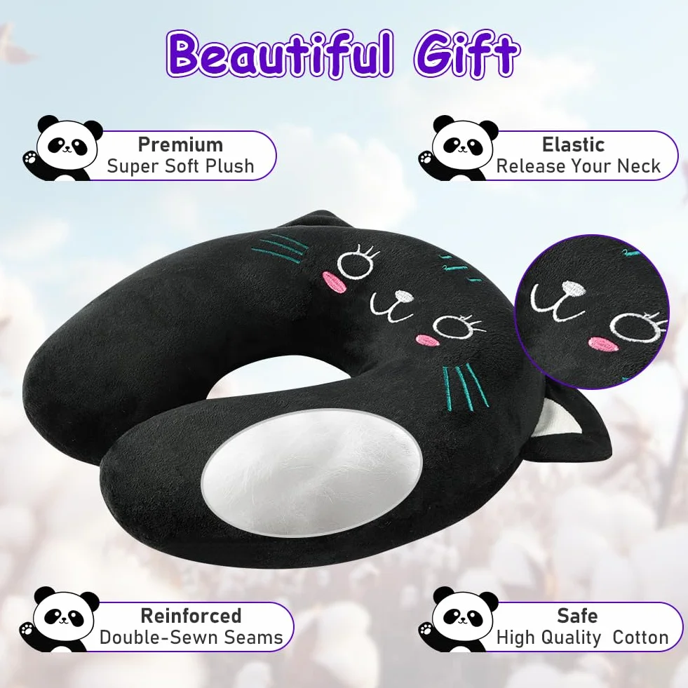 Oreiller de Voyage Enfant Adulte Coussin de Cou Ultra-Doux Chat Noir en Forme de U
