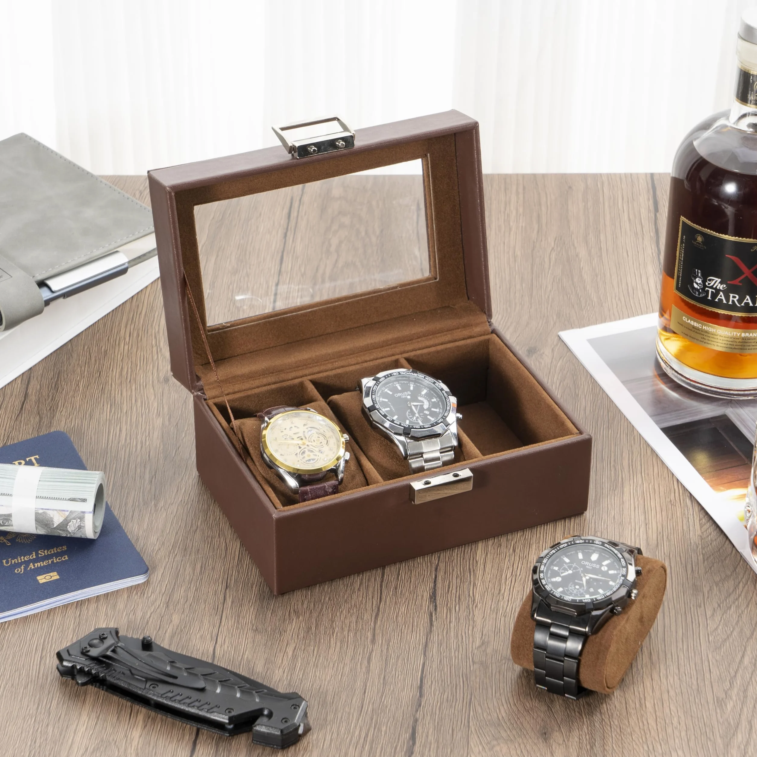 Procase Boîte à Montre Antichoc Coffret Montre Homme 3 Emplacements Coussins Rangement Couvercle Verre Marron