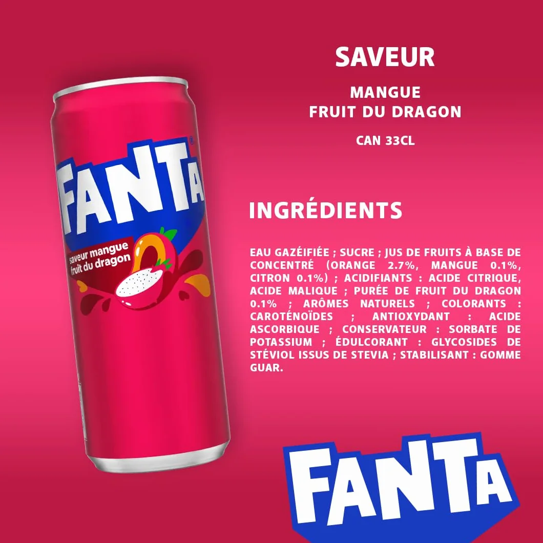Fanta Saveur Mangue Fruit du Dragon, Boisson Gazeuse, Canette 33cl, Lot de 24