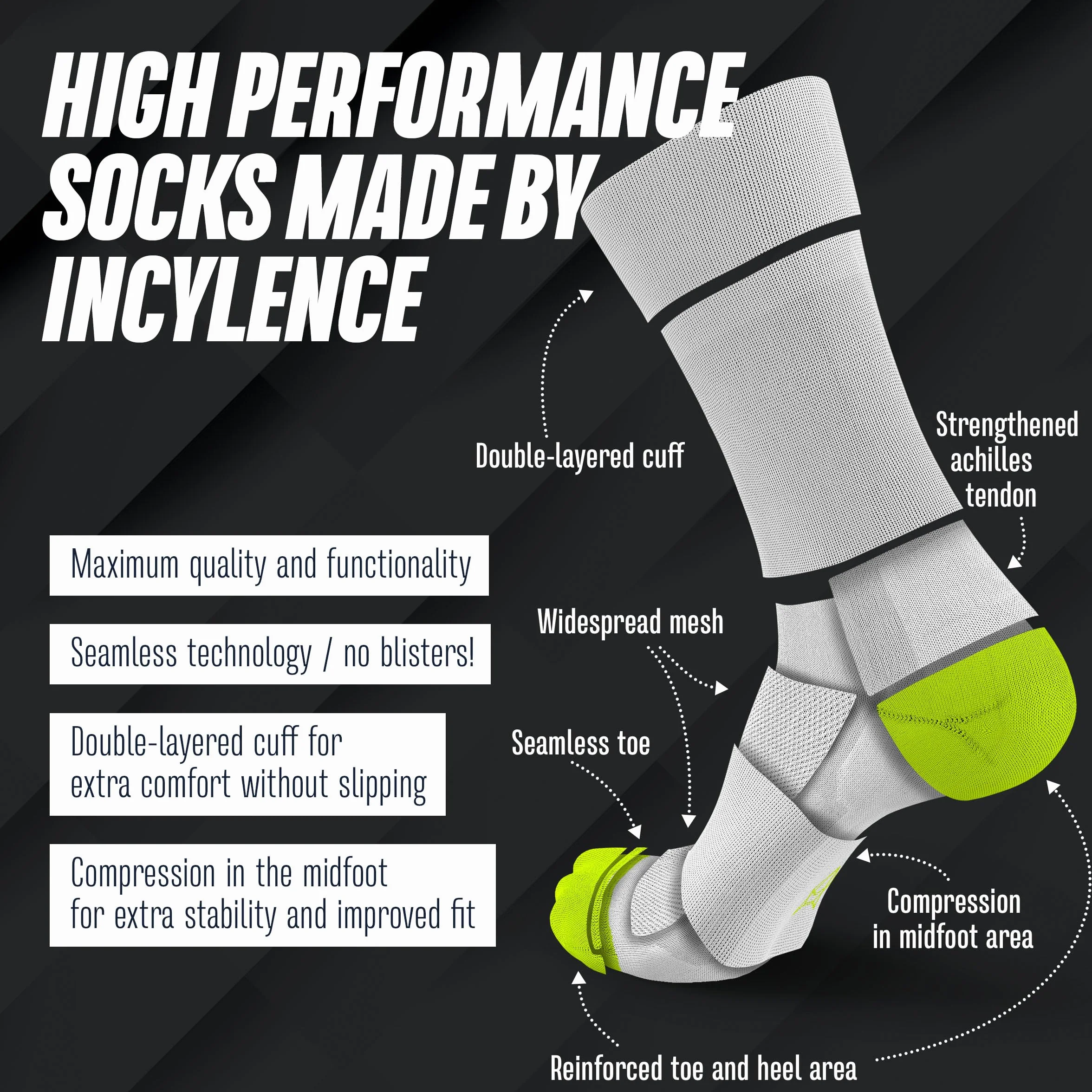 INCYLENCE Lot de 2 paires Chaussettes de Vélo Course Homme Femme – Compression Légère Respirantes Coutures Lisses Orteils