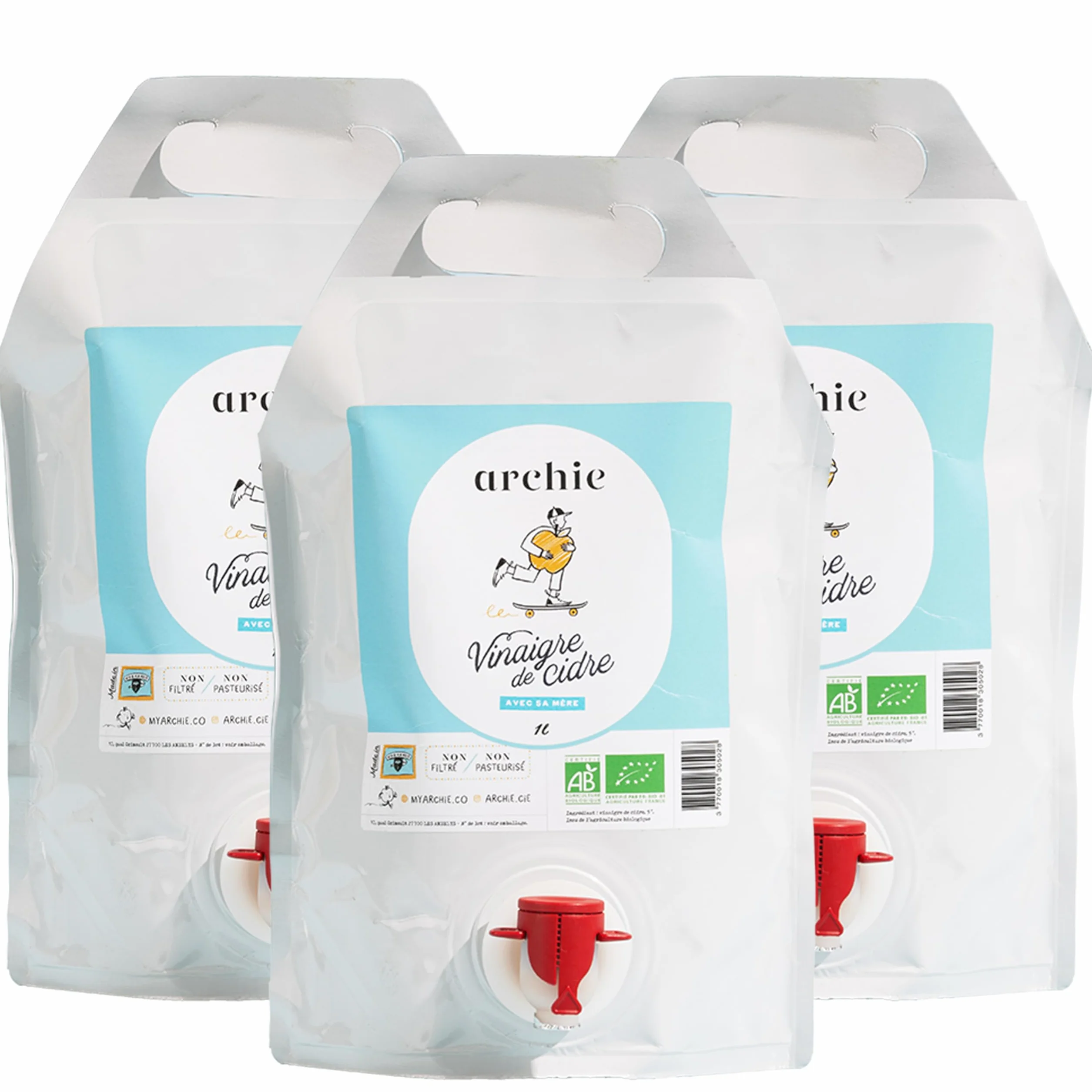 Archie, Pack Recharges Vinaigre de Cidre de pomme Biologique, 1L. Non filtré, non pasteurisé, avec la mère de vinaigre. Made in France, Normandie. Savoir-faire artisanal. Format Éco. 3 recharges.