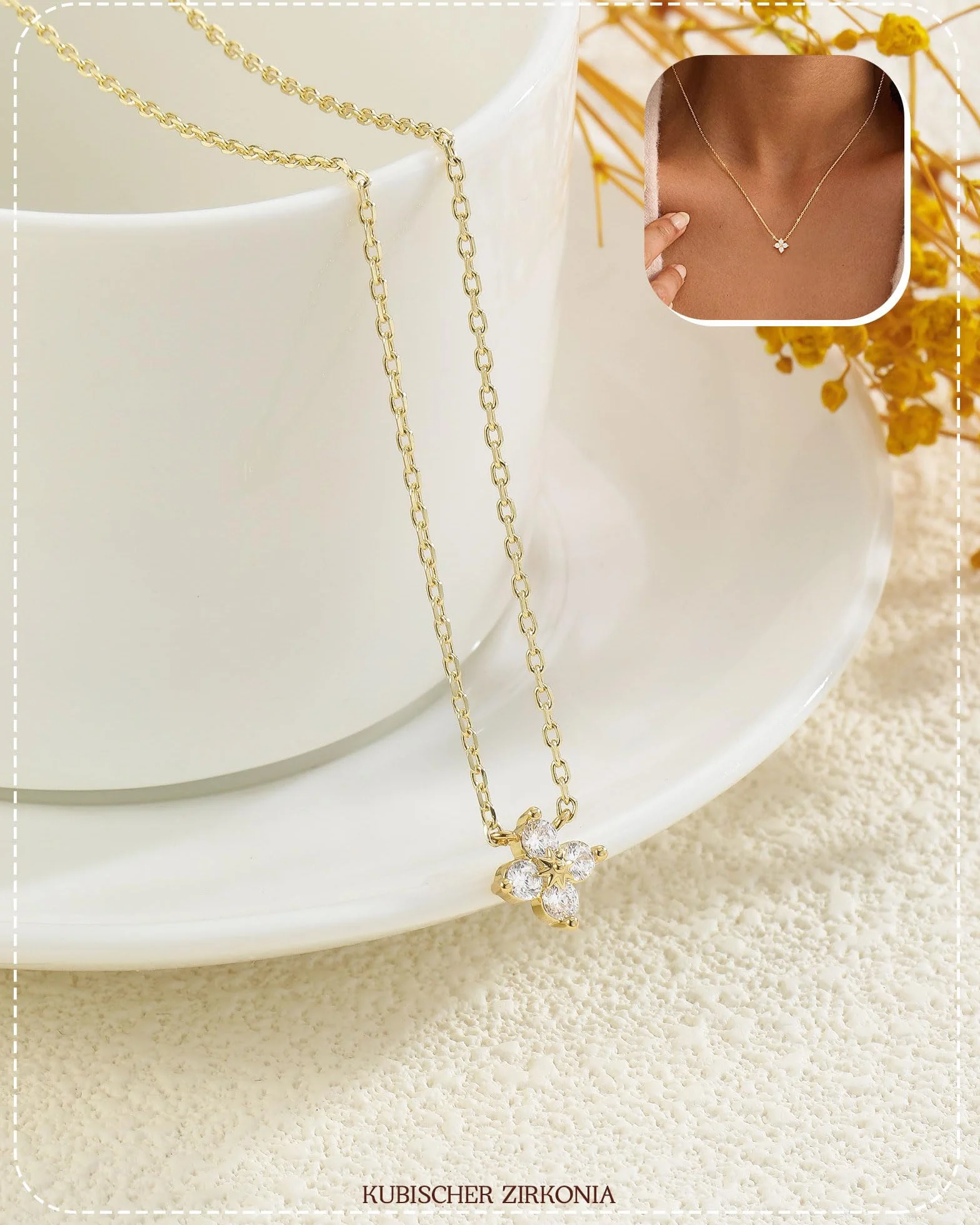 Collier Femme Or Plaqué Or 14k Zircone Cubique Trèfle 4 Feuilles Réglable Imperméable Cadeau