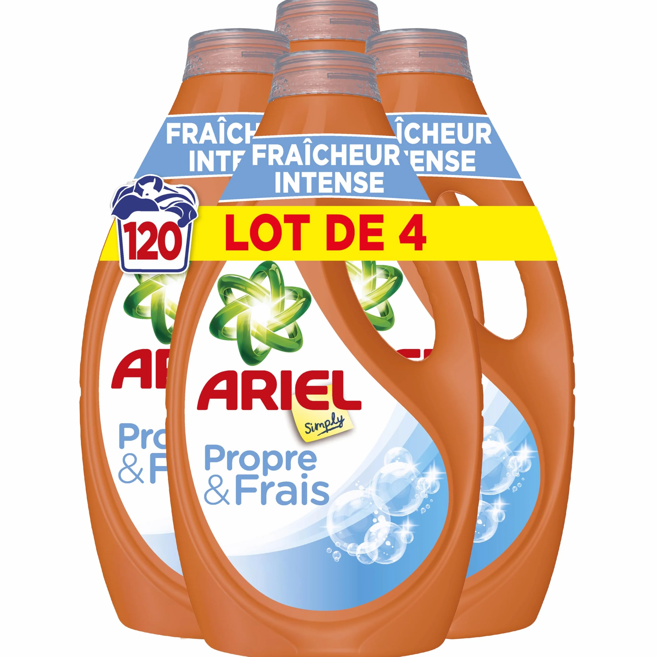 Ariel Simply Lessive Liquide, 120 Lavages (4x30), Parfum Fraîcheur Intense, Propre et Frais, Choix économique, Fabriqué en France