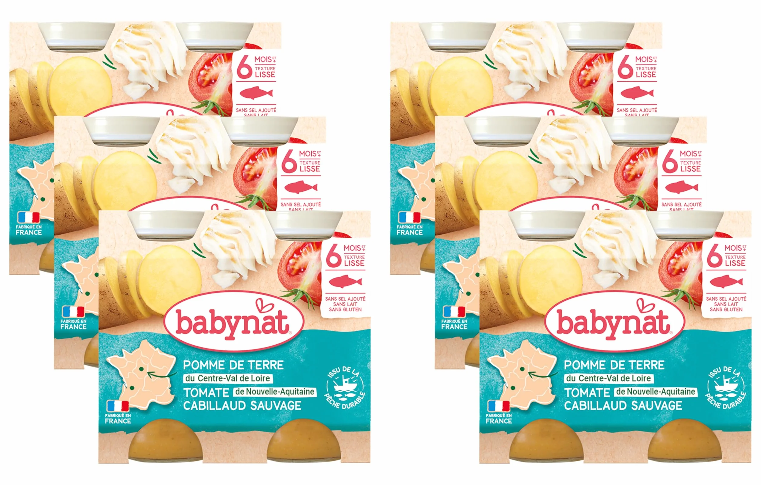 Babybio - Petits Pots Pomme de Terre du Val de Loire Cabillaud 2x200 g - 6+ Mois - BIO - Lot de 6