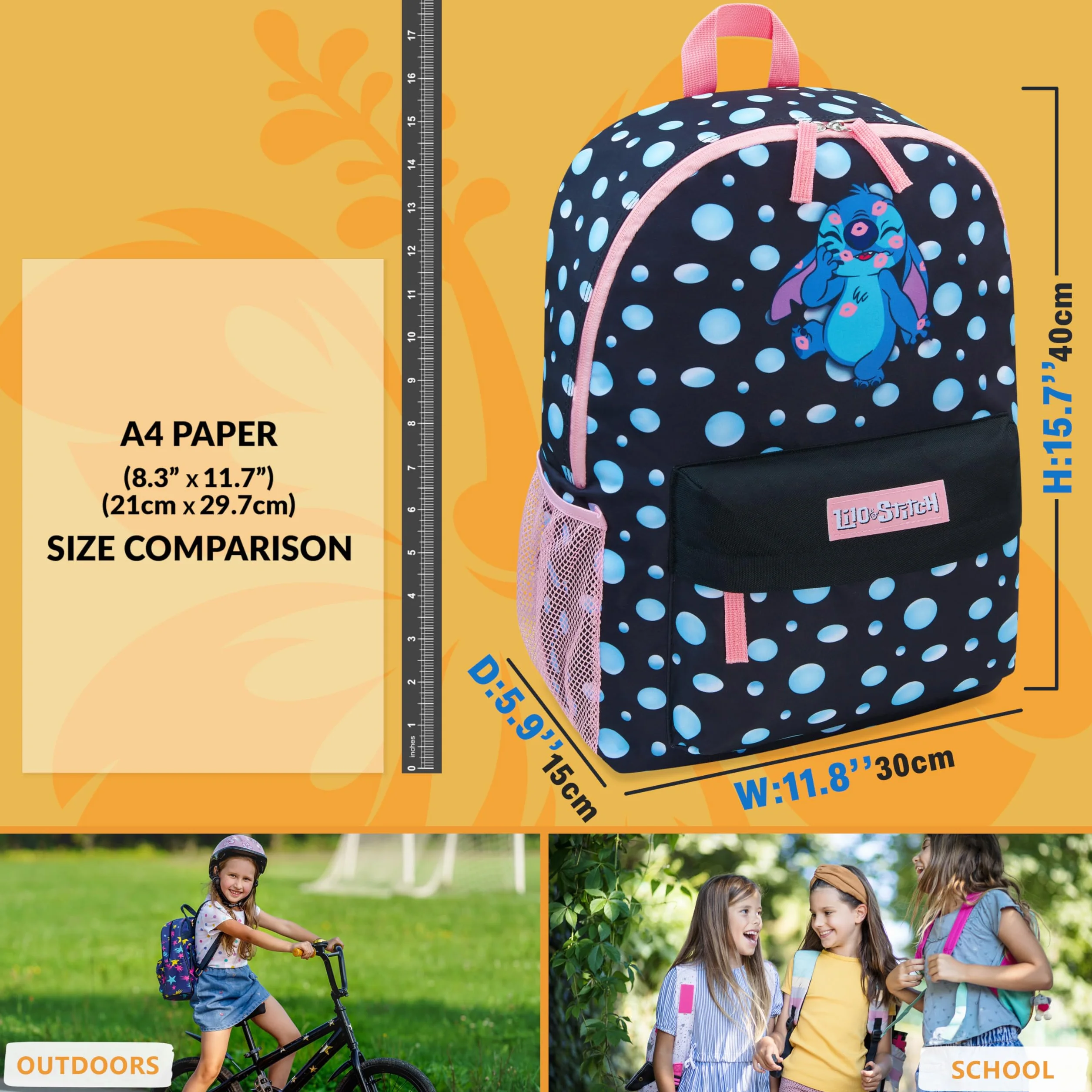 Disney Stitch Sac à Dos Fille Cartable Scolaire Voyage Sport (Noir)
