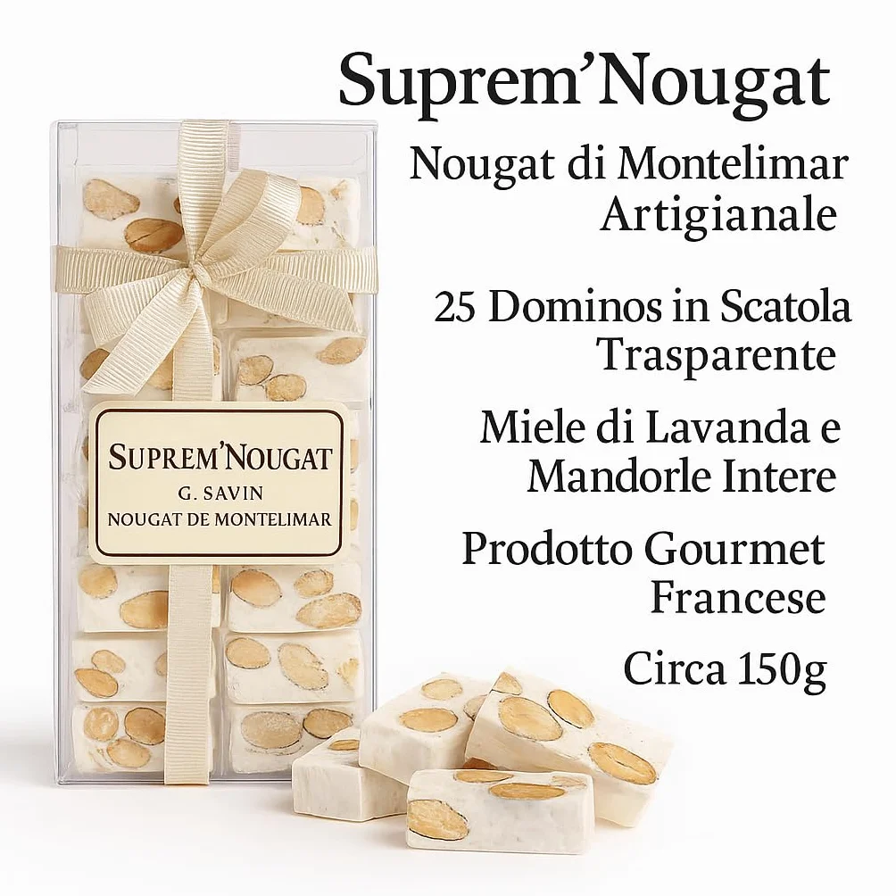 Suprem Nougat | Nougat tendre de Montelimar Artisanal | 25 Nougateaux souples en conserve transparente | Miel de lavande amandes et pistaches | Produit français traditionnel | 250g