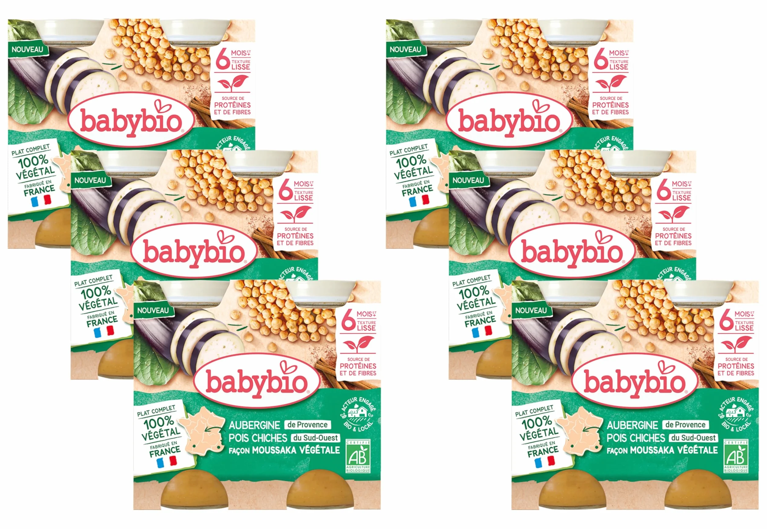 BABYBIO - Petits pots - Moussaka végétale - Aubergines Pois chiches Tomates - 6+ mois - 2 x 200g - BIO - Lot de 6
