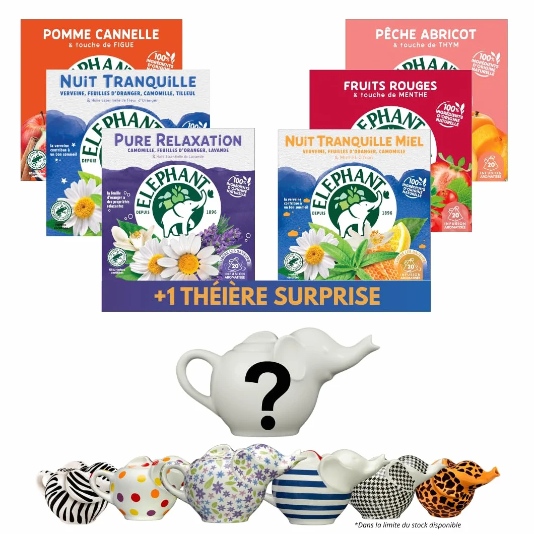 Éléphant - Routine Bien-être & Fruités + 1 théière Eléphant Mystère offerte | Infusions 120 Sachets Pyramid® | 100% d'ingrédients d'origine naturelle | Lot de 6 x 20 sachets