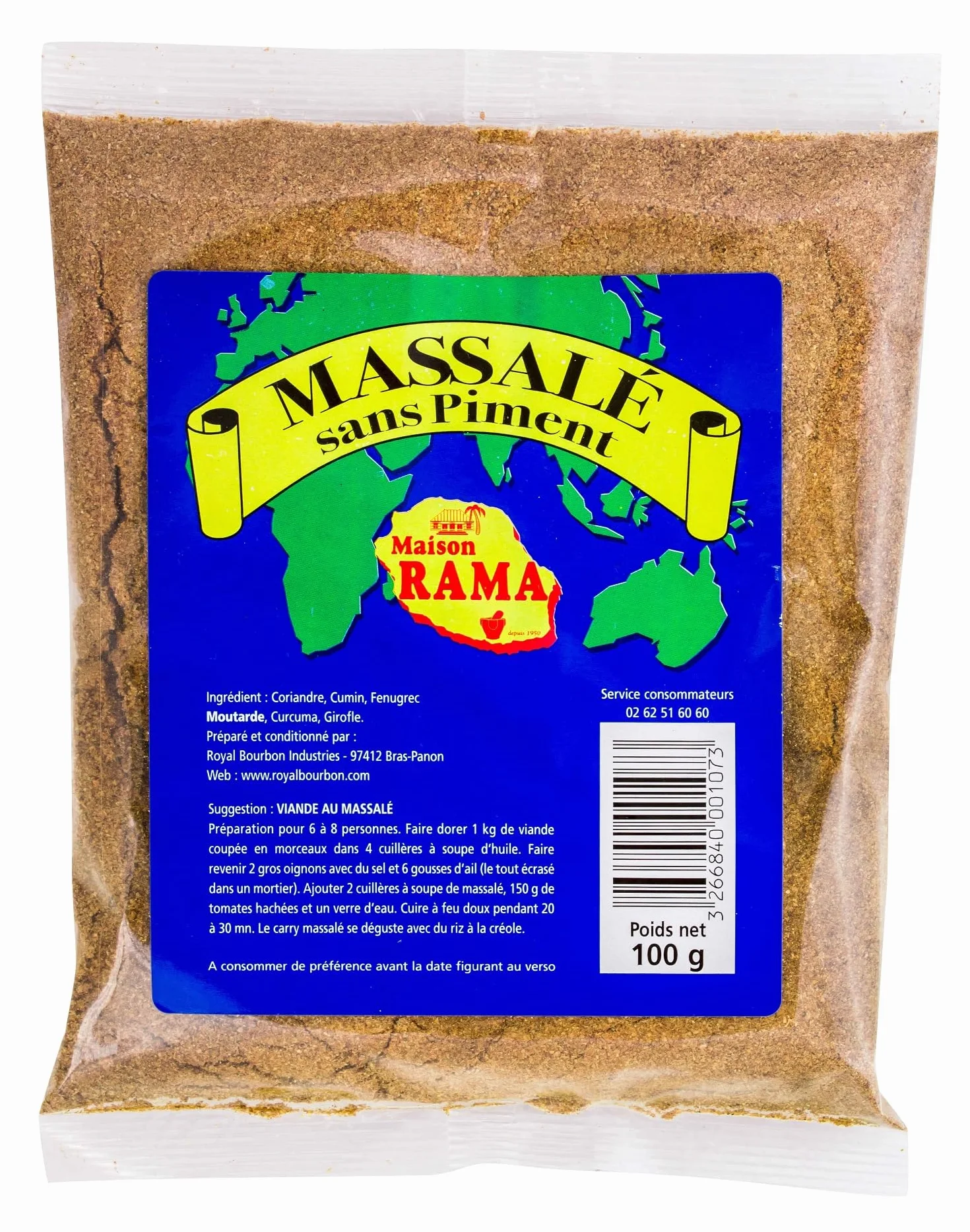MAISON RAMA - Ile de la Réunion - Epices : (Lot de 3, Massalé sans piment sachet 100g)