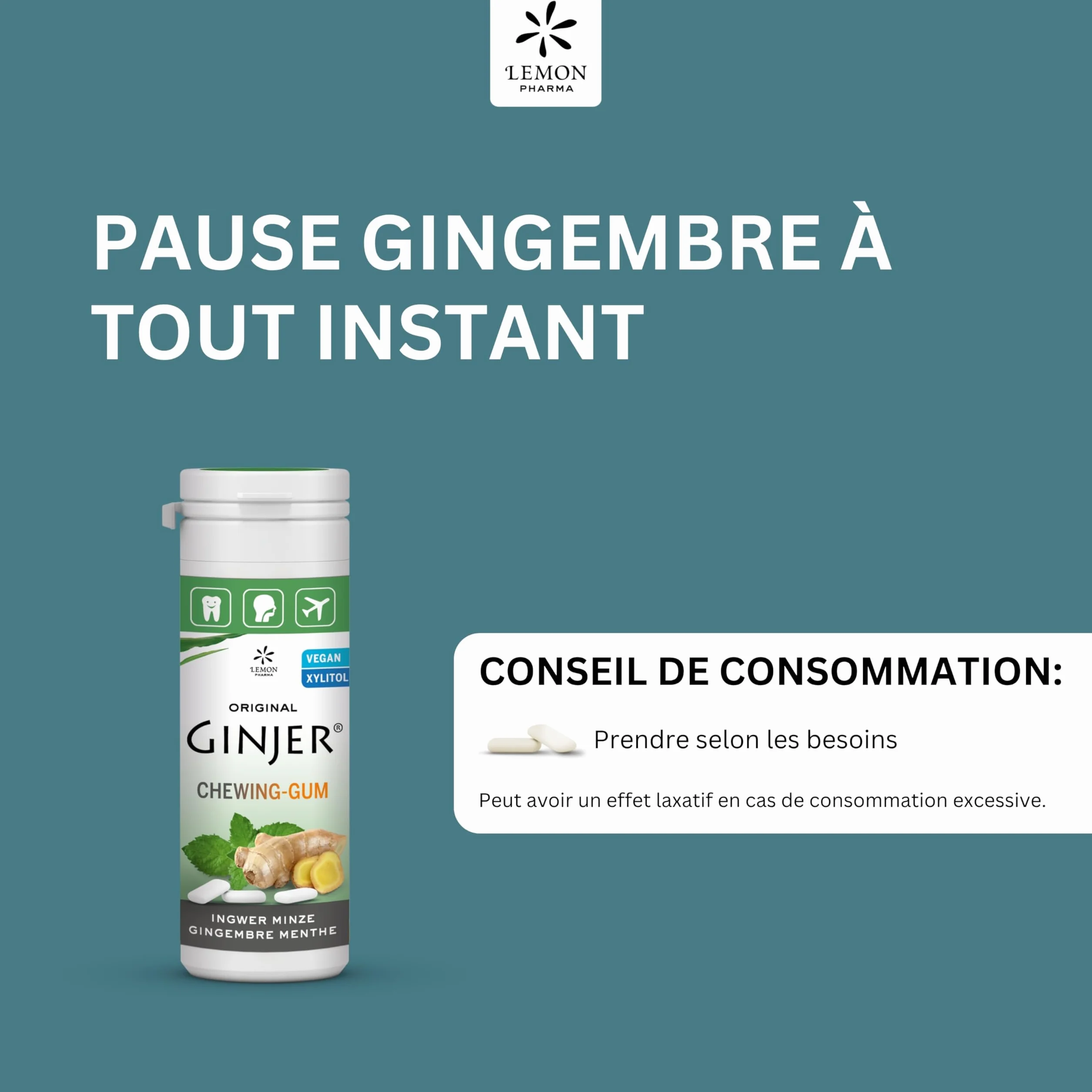 Chewing-gums au gingembre menthe et xylitol Ginjer® Lemon Pharma – Sans sucre – Boite de 30 g
