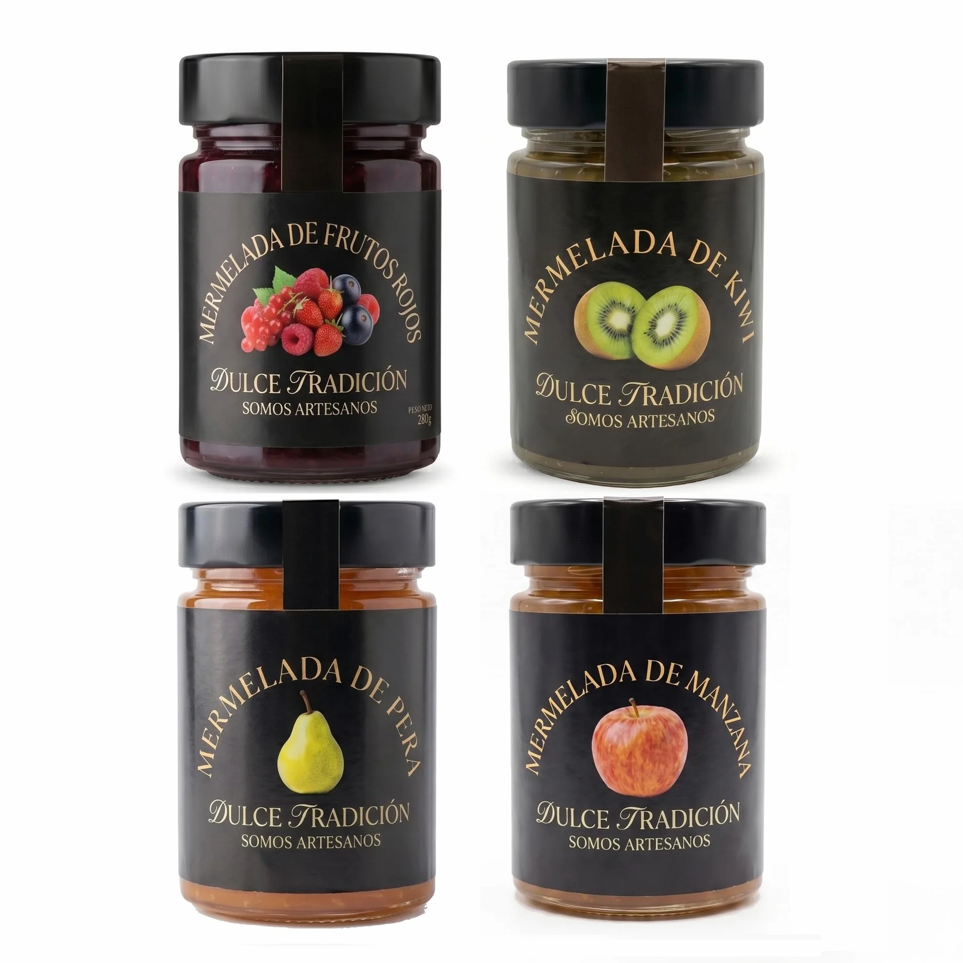 Confiture Dulce Tradición. Fabrication artisanale. Lot de 4 pots de 390 gr. Fruits rouges, kiwi, pomme et poire. 63% de fruits frais de saison. Sans conservateurs ni colorants.